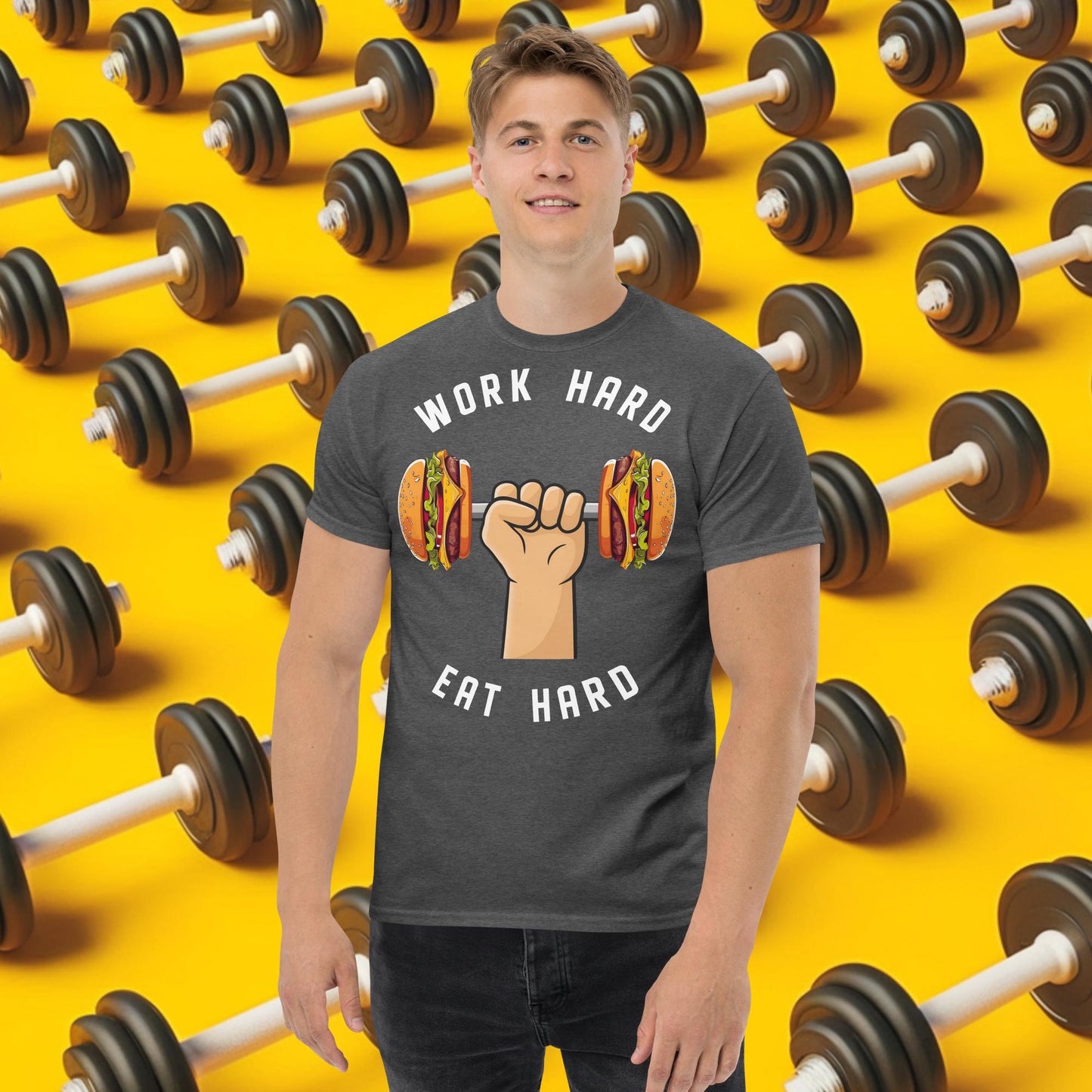 Work Hard Eat Hard Funny Bulk Diet Gym Workout Fitness Bodybuilding tee Dark Heather T-shirts Bodybuilding Bulking Burgers Fast Food Fitness Gym Pump Cover Workout Next Cult Brand