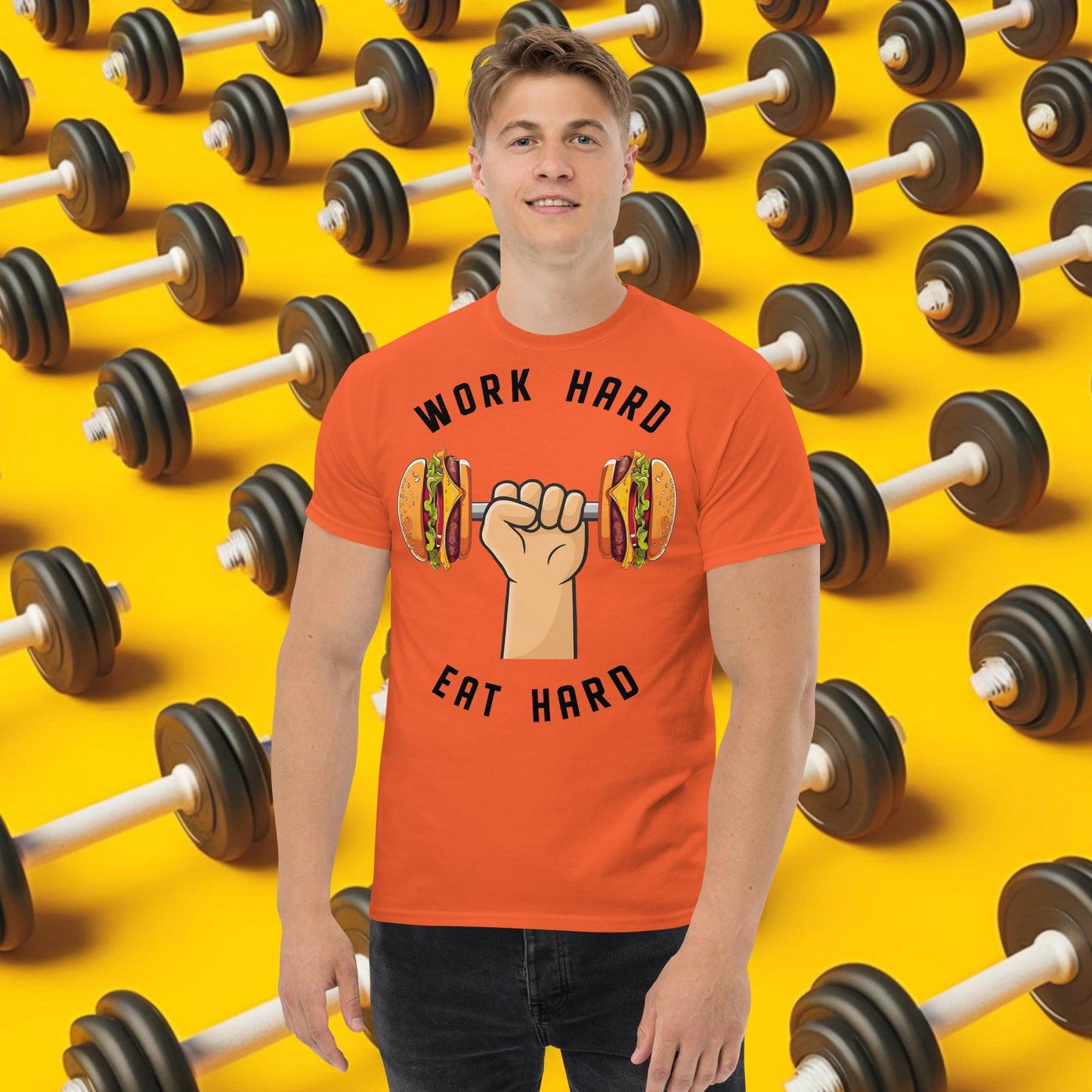 Work Hard Eat Hard Funny Bulk Diet Gym Workout Fitness Bodybuilding tee Orange T-shirts Bodybuilding Bulking Burgers Fast Food Fitness Gym Pump Cover Workout Next Cult Brand