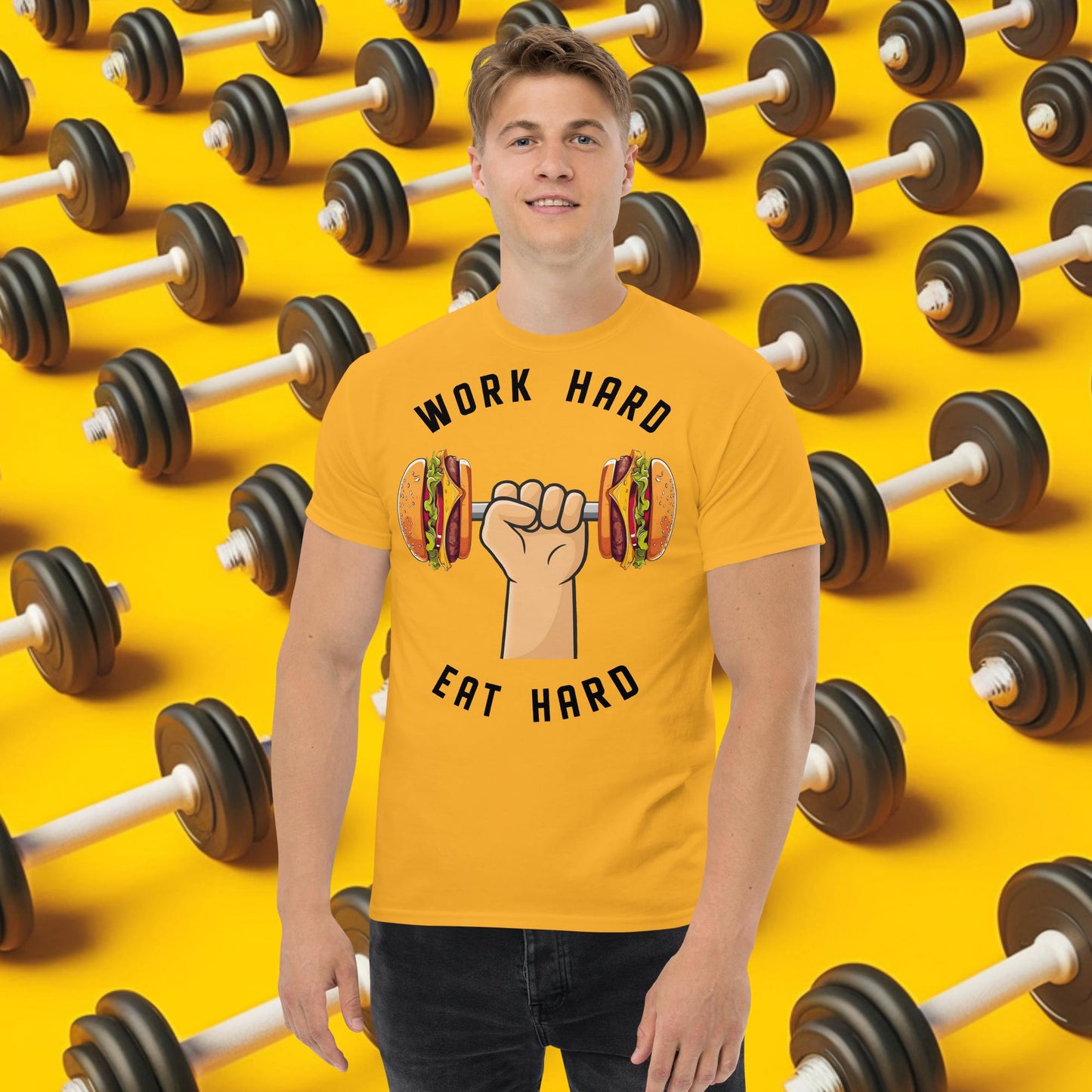 Work Hard Eat Hard Funny Bulk Diet Gym Workout Fitness Bodybuilding tee Gold T-shirts Bodybuilding Bulking Burgers Fast Food Fitness Gym Pump Cover Workout Next Cult Brand