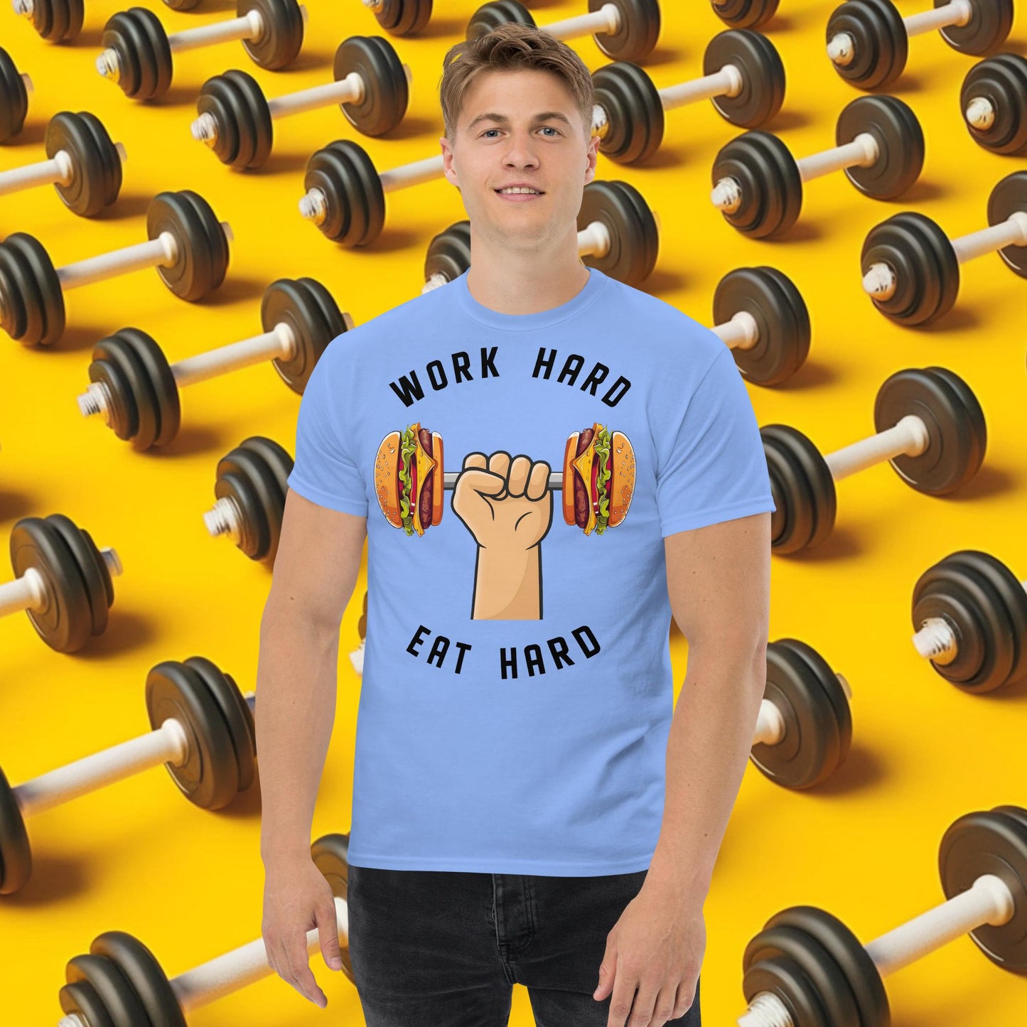 Work Hard Eat Hard Funny Bulk Diet Gym Workout Fitness Bodybuilding tee Carolina Blue T-shirts Bodybuilding Bulking Burgers Fast Food Fitness Gym Pump Cover Workout Next Cult Brand