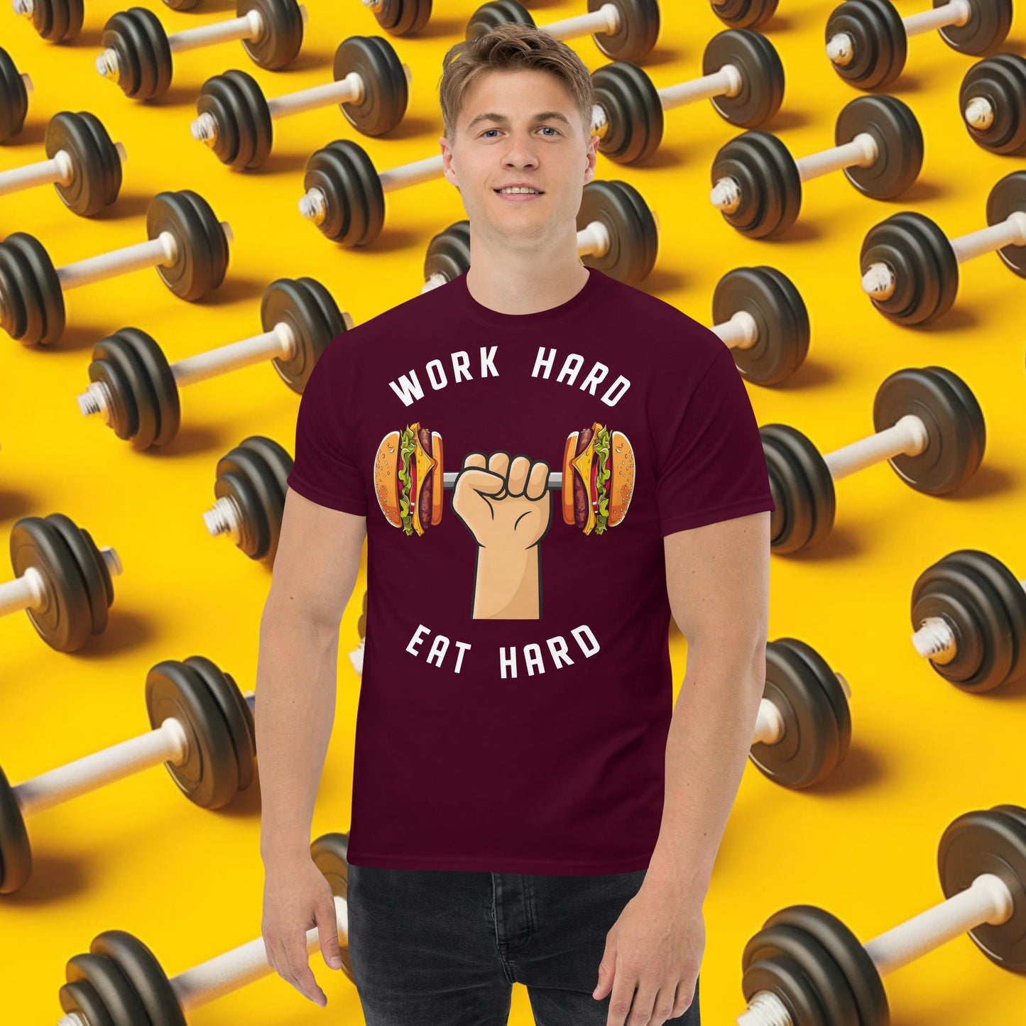 Work Hard Eat Hard Funny Bulk Diet Gym Workout Fitness Bodybuilding tee Maroon T-shirts Bodybuilding Bulking Burgers Fast Food Fitness Gym Pump Cover Workout Next Cult Brand