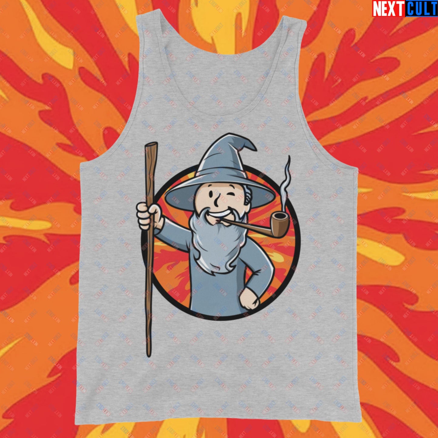 You Shall Not Pass Gandalf Vault Boy Fallout Funny Meme Cartoon Mashup Tank Top Athletic Heather Tank Tops Fallout Gandalf Lord of the Rings Movies Vault Boy Next Cult Brand