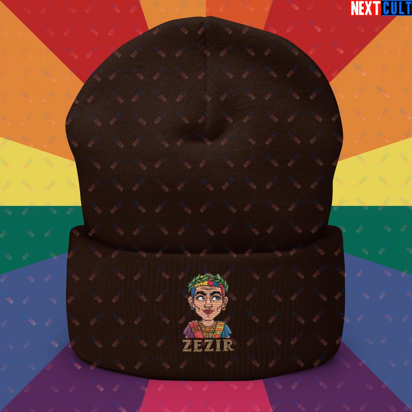 ZeZir Funny Gender Neutral Non-Binary Pronouns Cuffed Beanie Brown Hats LGBTQ+ Next Cult Brand
