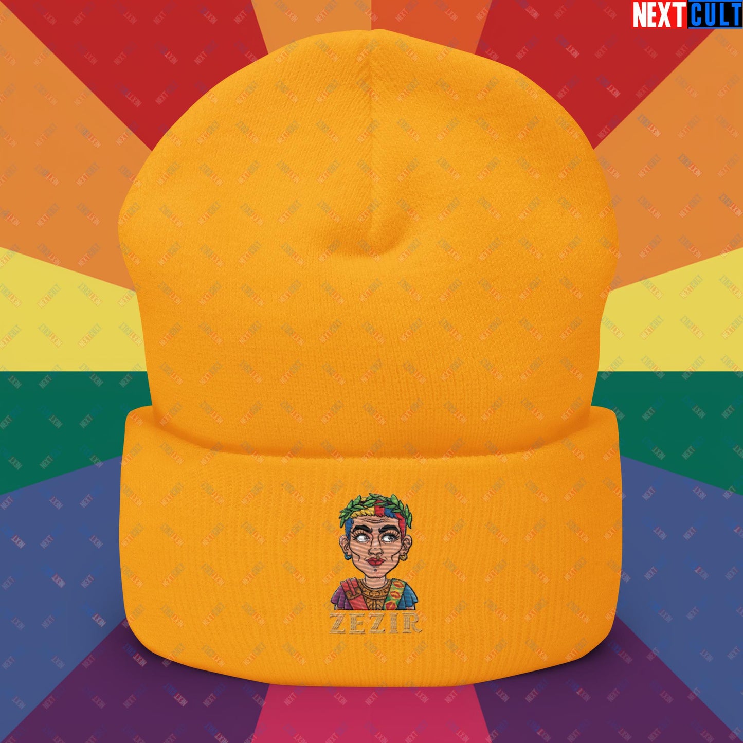 ZeZir Funny Gender Neutral Non-Binary Pronouns Cuffed Beanie Gold Hats LGBTQ+ Next Cult Brand