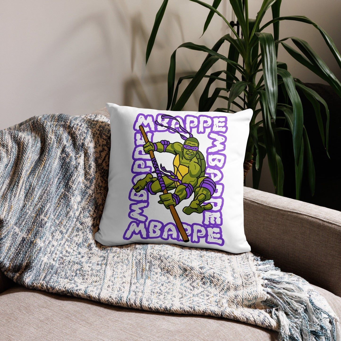 Kylian Mbappe Purple Ninja Turtle Donatello Basic Pillow 18″×18″ Pillows Football Kylian Mbappe Ninja Turtles PSG Real Madrid Next Cult Brand