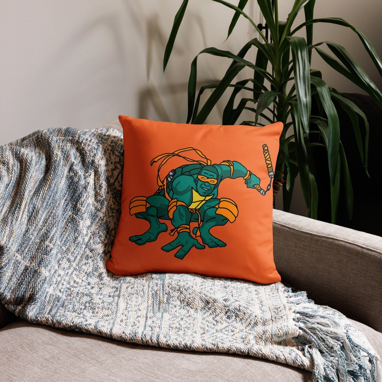 Kylian Mbappe Orange Ninja Turtle Michelangelo Basic Pillow 18″×18″ Pillows Football Kylian Mbappe Ninja Turtles PSG Real Madrid Next Cult Brand