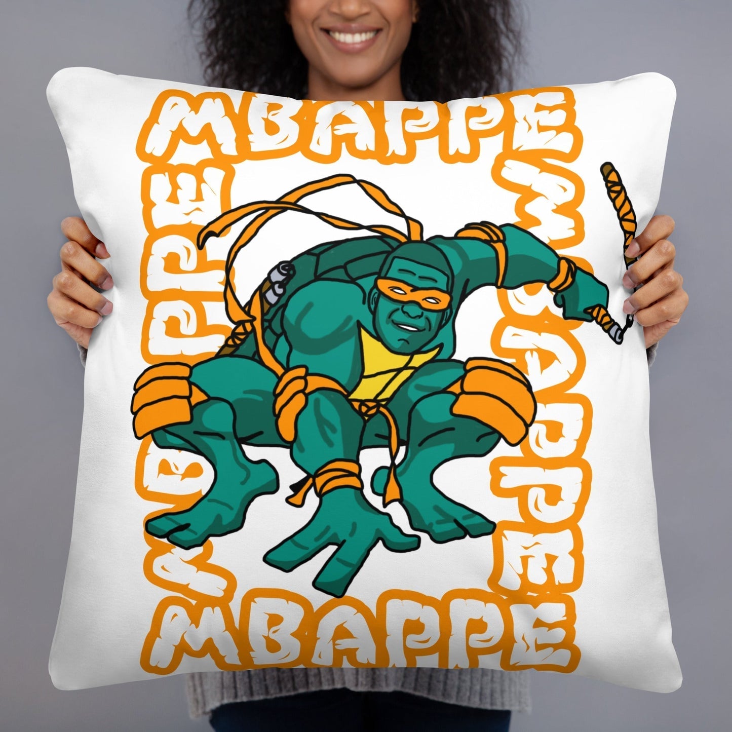 Kylian Mbappe Orange Ninja Turtle Michelangelo Basic Pillow 22″×22″ Pillows Football Kylian Mbappe Ninja Turtles PSG Real Madrid Next Cult Brand