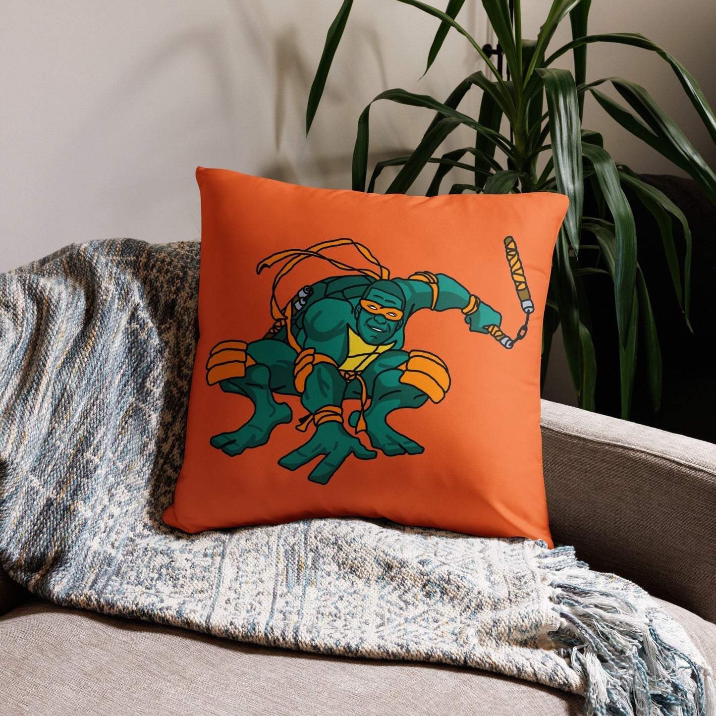 Kylian Mbappe Orange Ninja Turtle Michelangelo Basic Pillow 22″×22″ Pillows Football Kylian Mbappe Ninja Turtles PSG Real Madrid Next Cult Brand