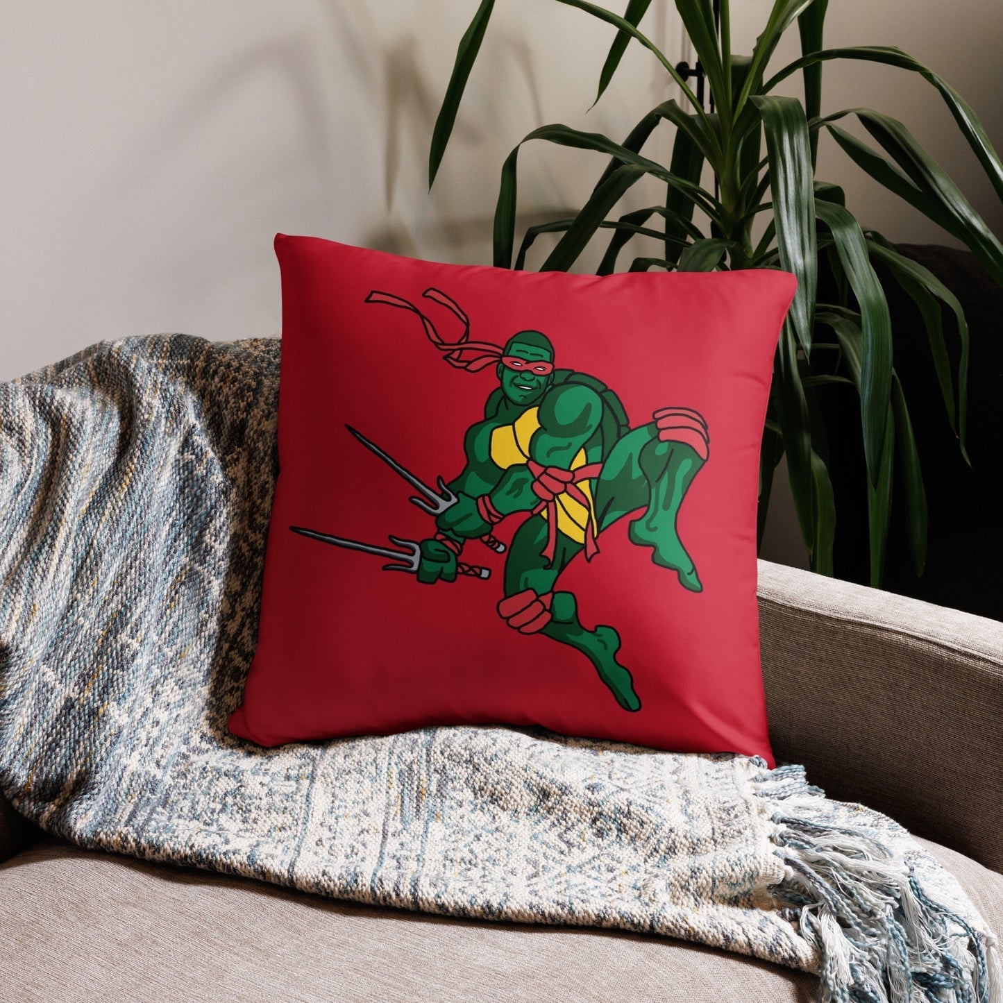 Kylian Mbappe Red Ninja Turtle Raphael Basic Pillow 22″×22″ Pillows Football Kylian Mbappe Ninja Turtles PSG Real Madrid Next Cult Brand