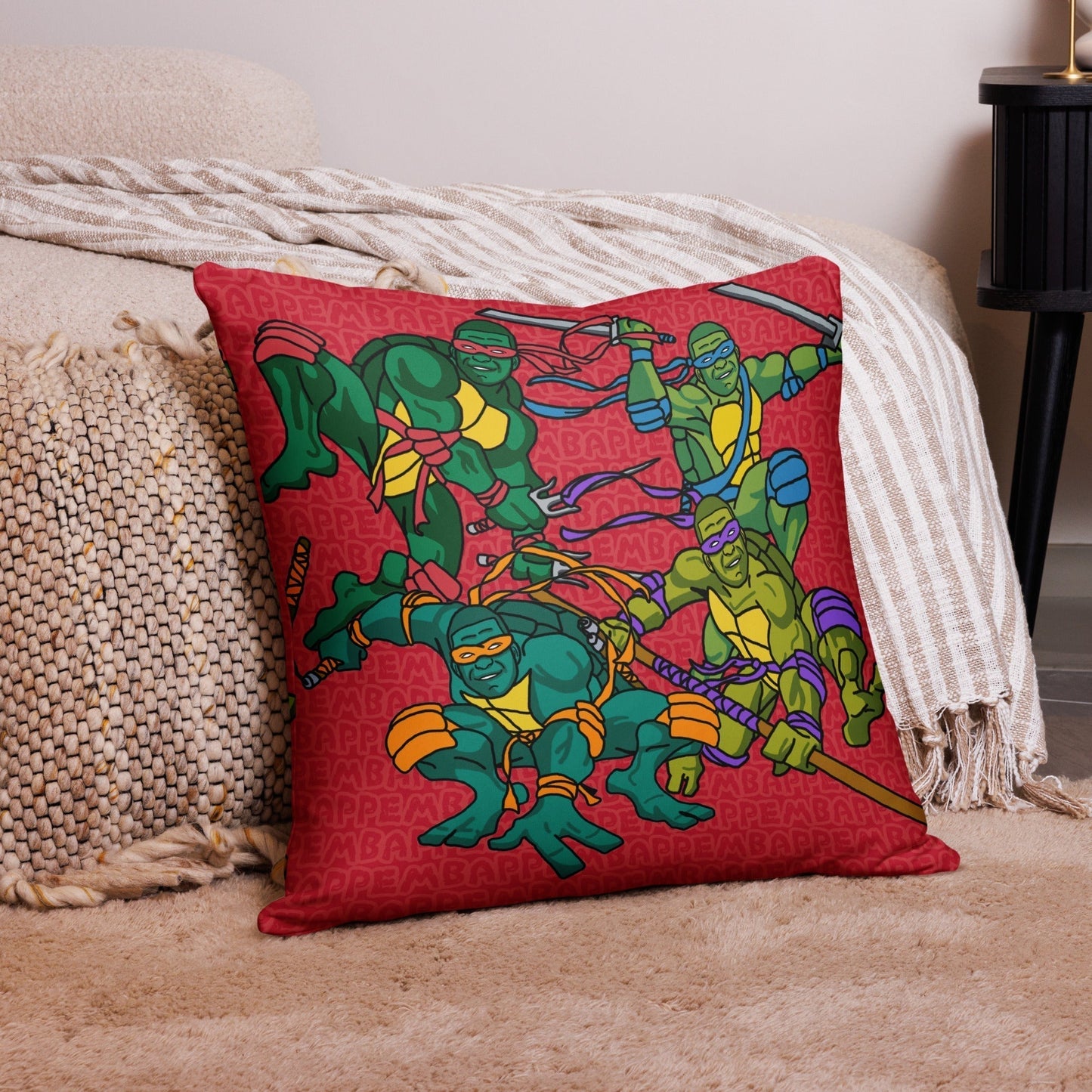 Kylian Mbappe Ninja Turtles funny football/ soccer meme Basic Pillow red 22″×22″ Pillows Football Kylian Mbappe Ninja Turtles PSG Real Madrid Next Cult Brand