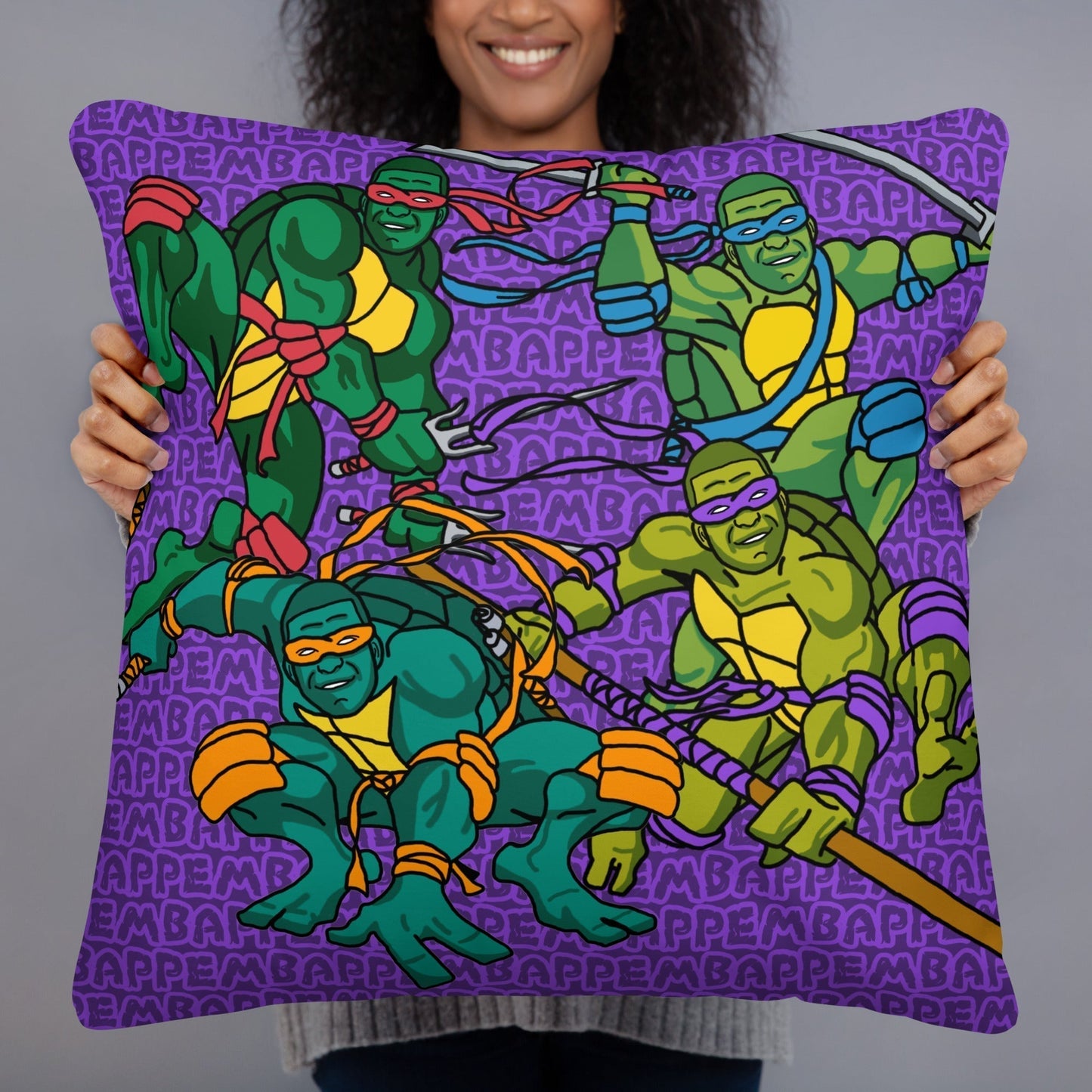Kylian Mbappe Ninja Turtles funny football/ soccer meme Basic Pillow purple 22″×22″ Pillows Football Kylian Mbappe Ninja Turtles PSG Real Madrid Next Cult Brand