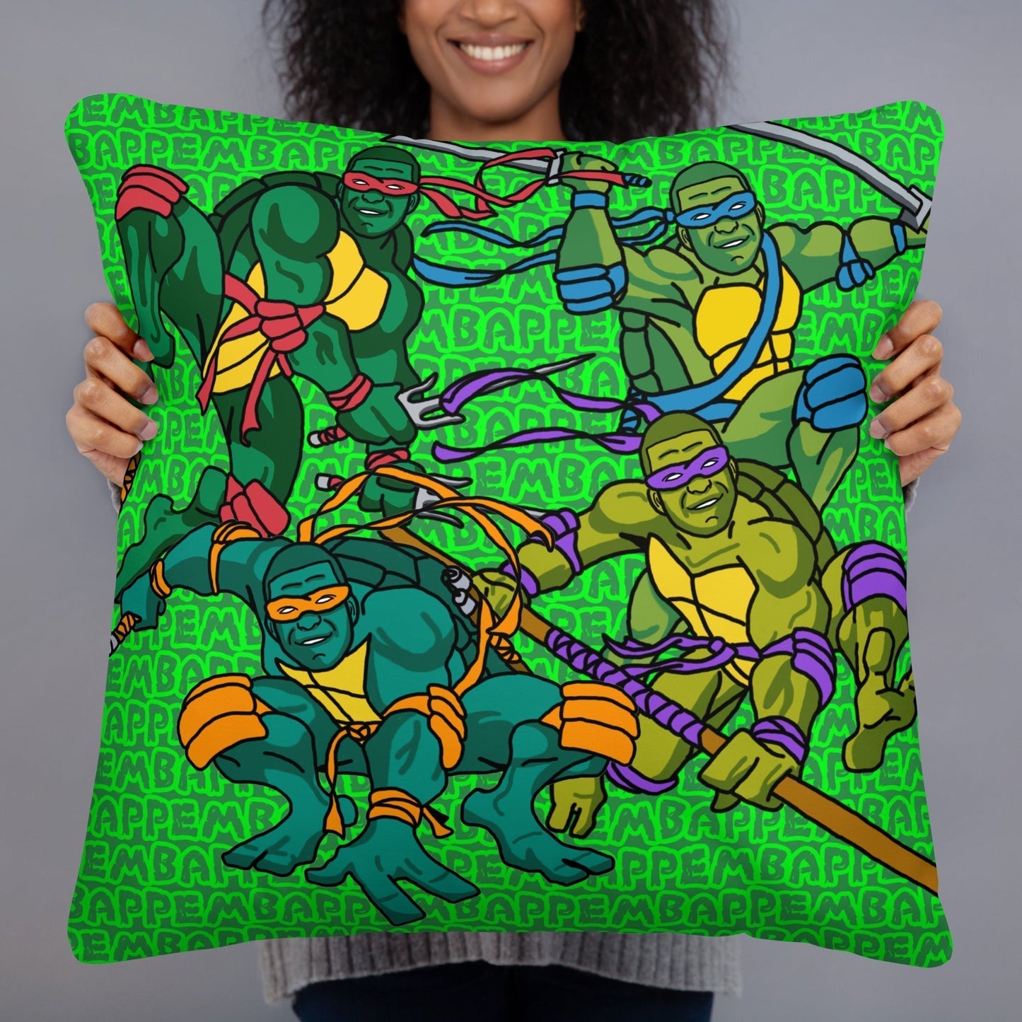 Kylian Mbappe Ninja Turtles funny football/ soccer meme Basic Pillow green 22″×22″ Pillows Football Kylian Mbappe Ninja Turtles PSG Real Madrid Next Cult Brand