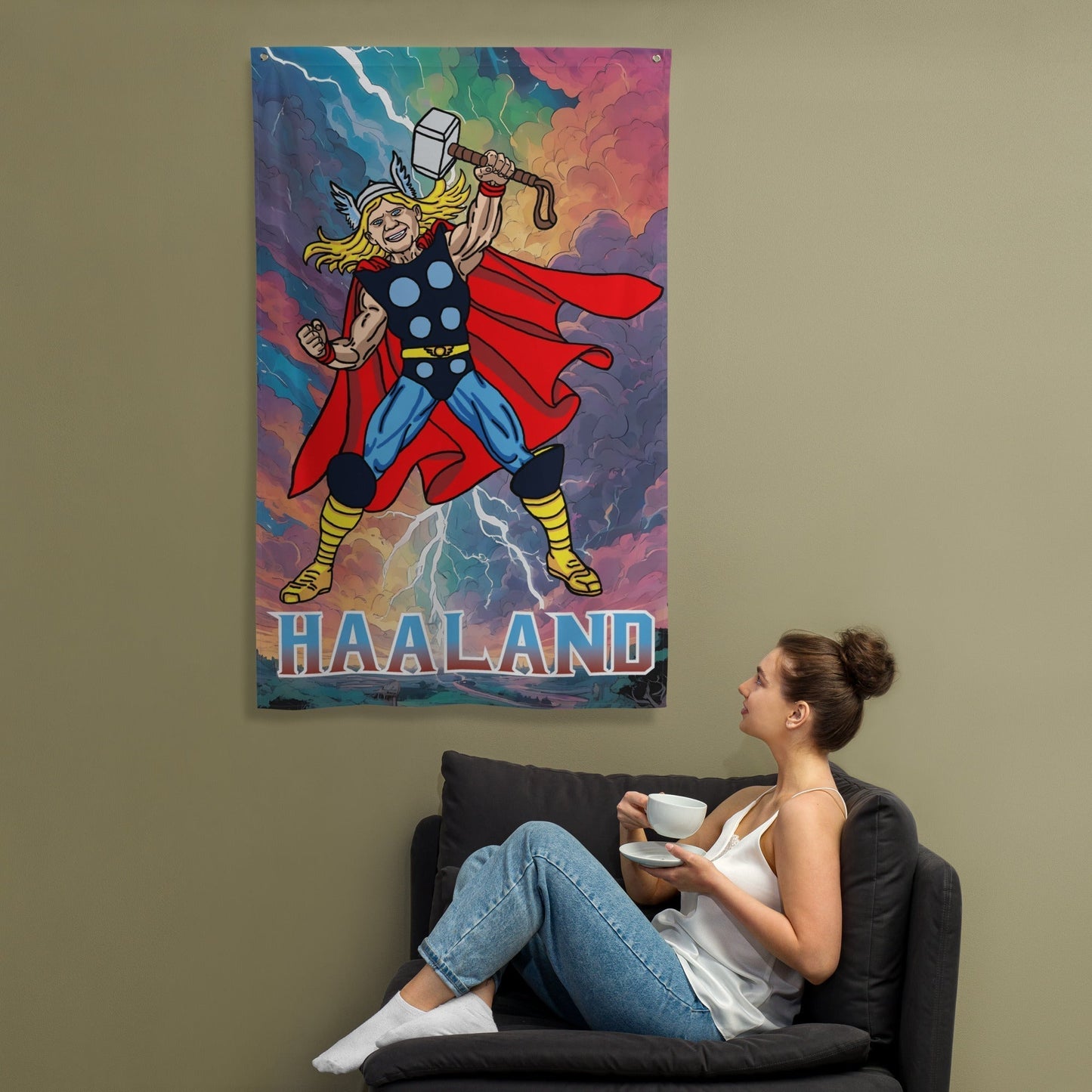 Erling Haaland Thor Avenger Manchester City Funny Football/ Soccer Meme Flag Default Title Flags Erling Haaland Football Manchester City Thor Next Cult Brand