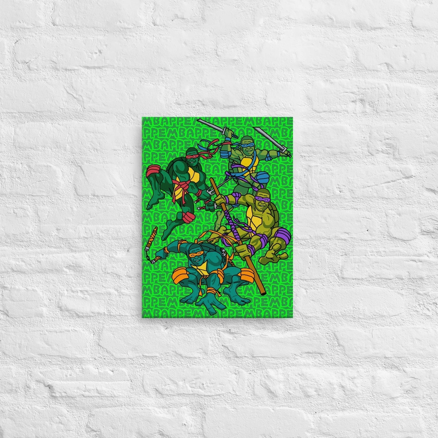 Kylian Mbappe Ninja Turtles funny football/ soccer meme Canvas green 12″×16″ Canvas Football Kylian Mbappe Ninja Turtles PSG Real Madrid Next Cult Brand