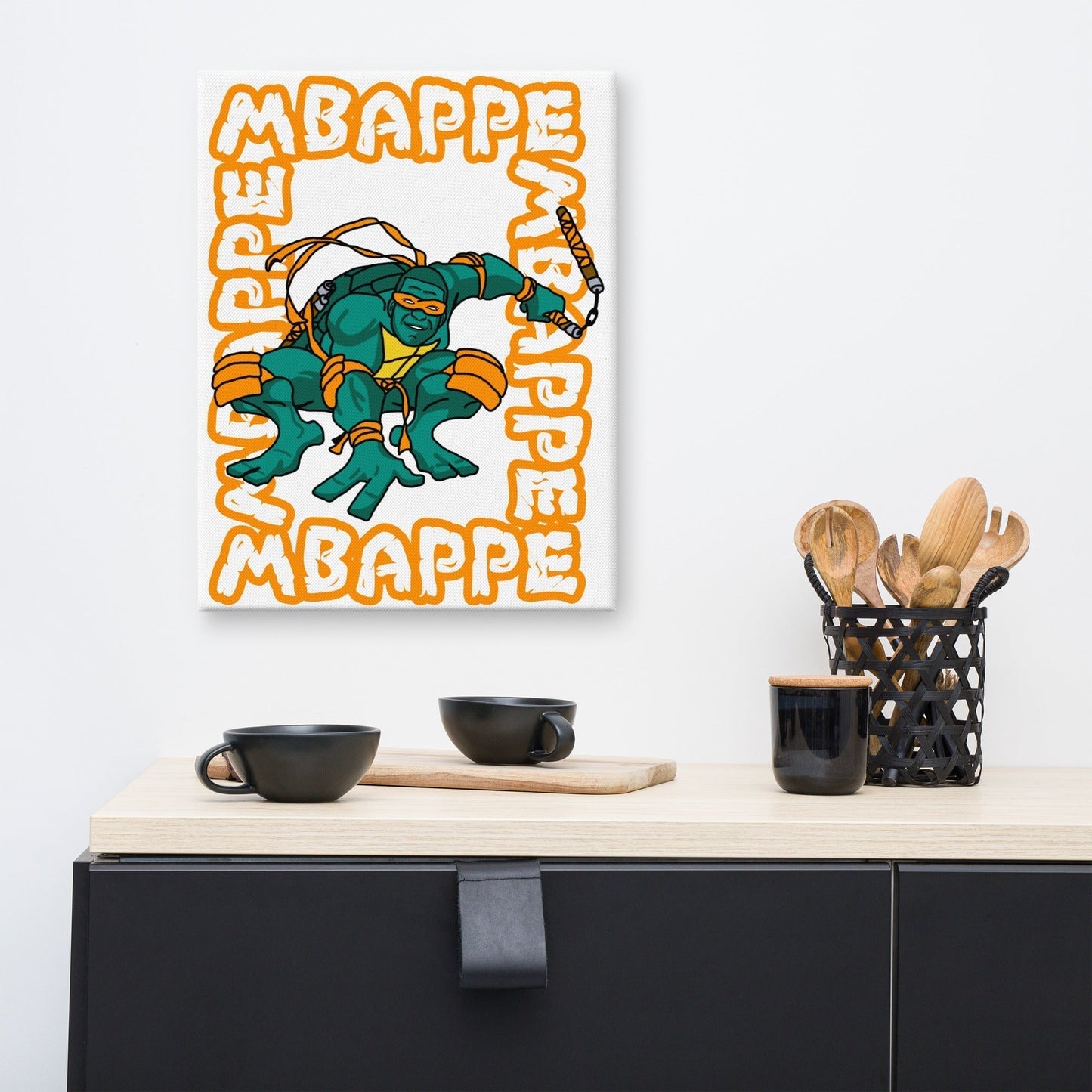 Kylian Mbappe Orange Ninja Turtle Michelangelo Canvas 16″×20″ Canvas Football Kylian Mbappe Ninja Turtles PSG Real Madrid Next Cult Brand
