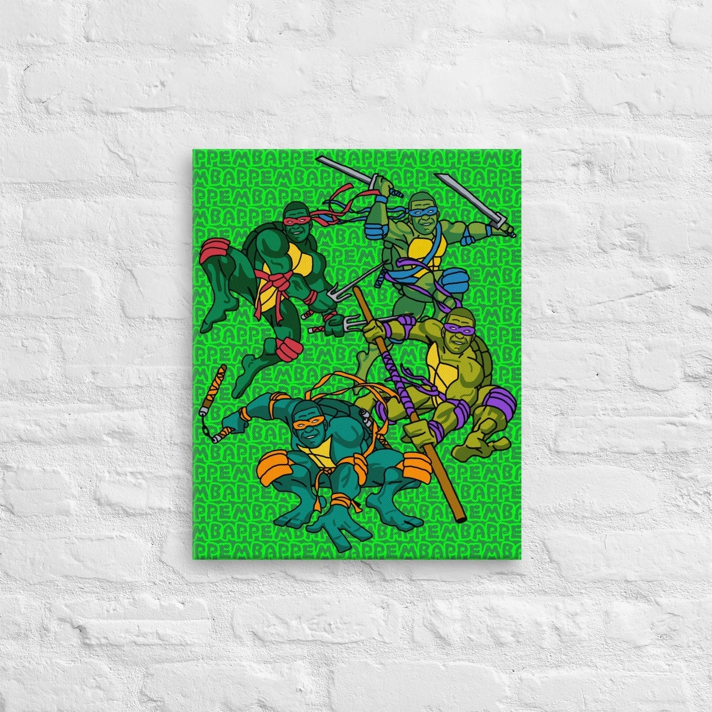Kylian Mbappe Ninja Turtles funny football/ soccer meme Canvas green 16″×20″ Canvas Football Kylian Mbappe Ninja Turtles PSG Real Madrid Next Cult Brand