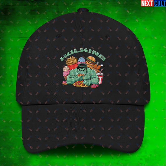 Hulking Bulking Funny Gym Meme Cartoon Dad hat Black Hats Avengers Bulking Fast Food Hulk Movies Next Cult Brand