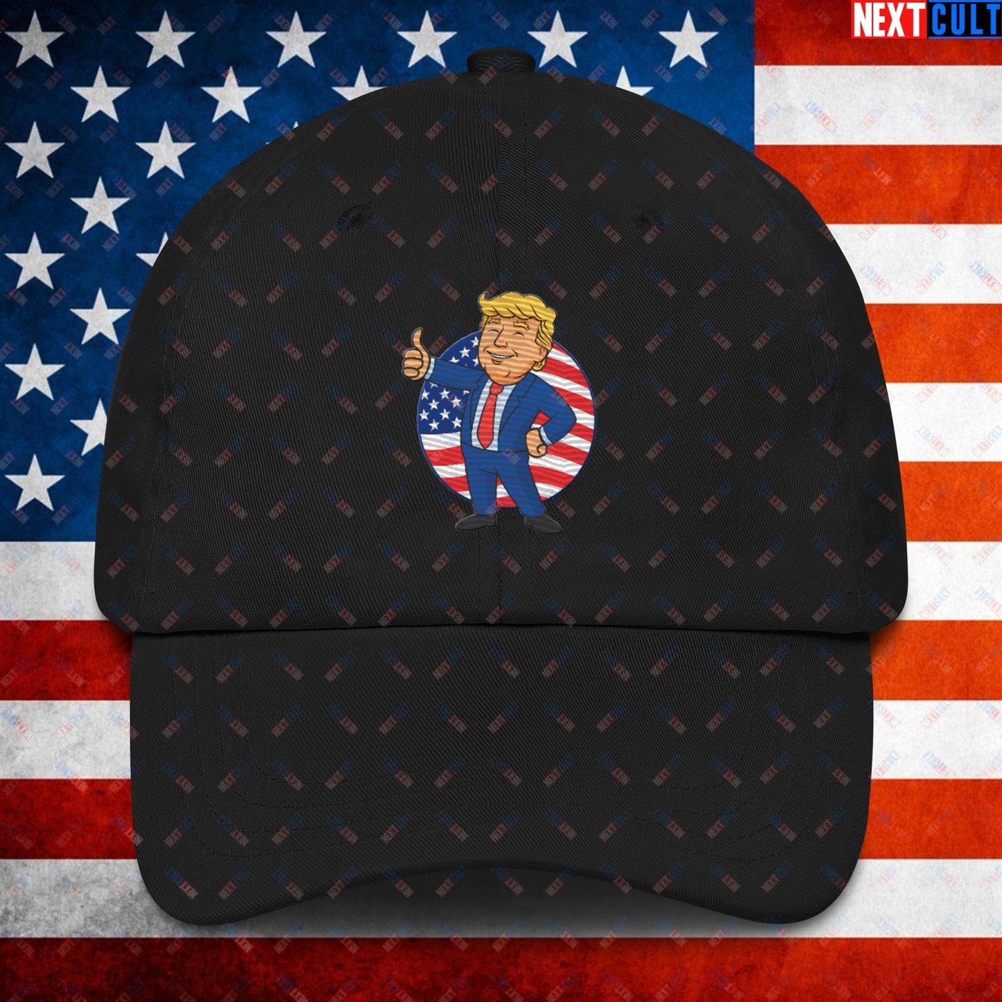 President Boy Donald Trump Politics Vault Boy Fallout Funny Meme Cartoon Mashup Dad hat Black Hats Donald Trump Fallout Politics Republicans Vault Boy Next Cult Brand