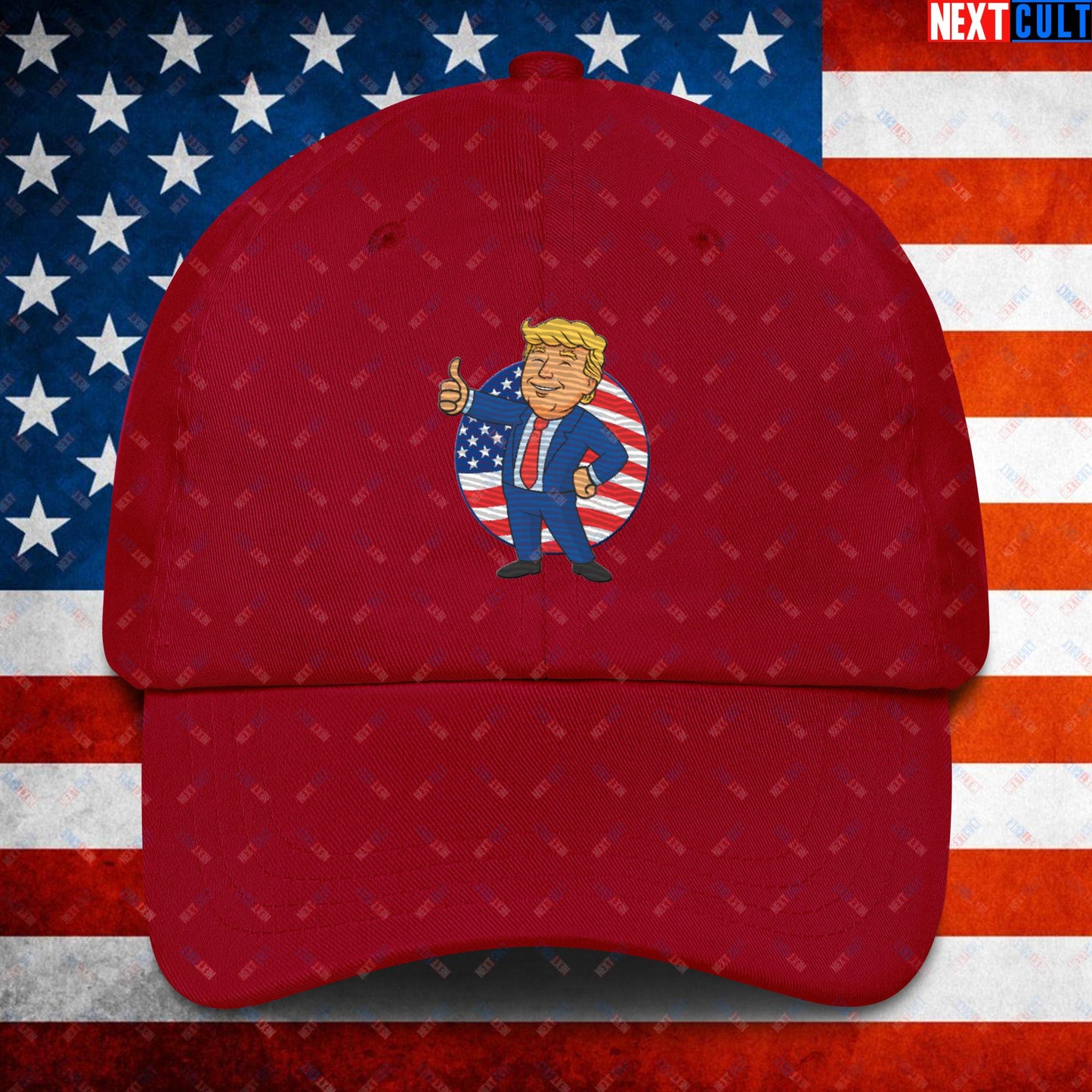 President Boy Donald Trump Politics Vault Boy Fallout Funny Meme Cartoon Mashup Dad hat Cranberry Hats Donald Trump Fallout Politics Republicans Vault Boy Next Cult Brand