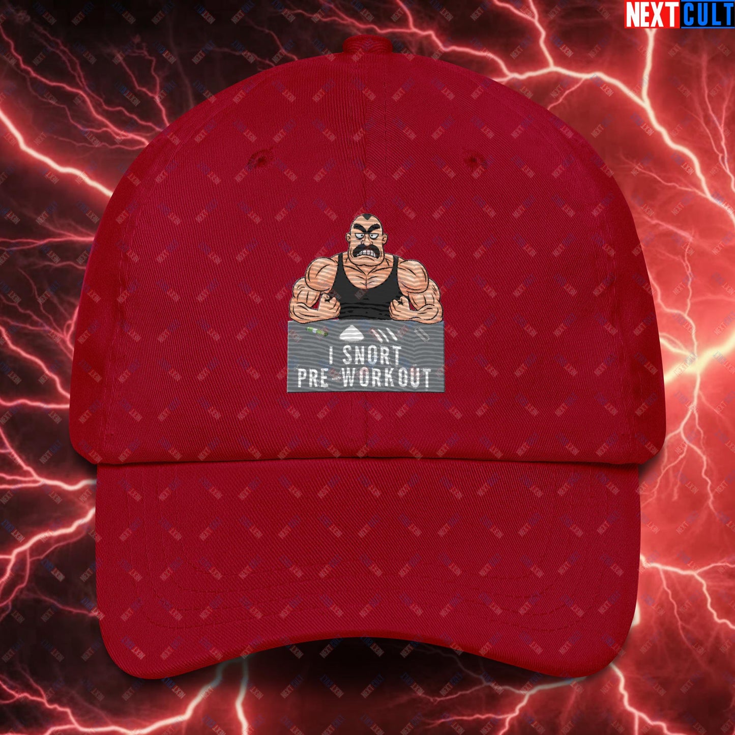 I Snort Pre-workout Gym Bro Fitness Bodybuilding Workout Weightlifting Powerlifting Funny Meme Cartoon Dad hat Cranberry Hats Next Cult Brand