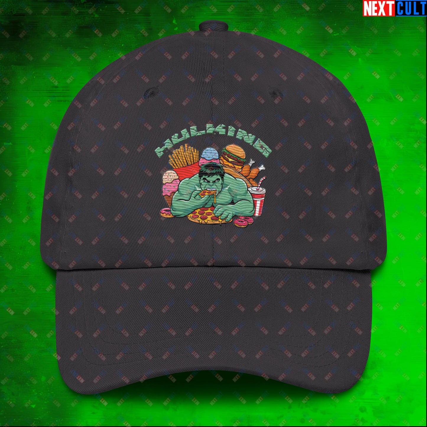 Hulking Bulking Funny Gym Meme Cartoon Dad hat Dark Grey Hats Bulking Fast Food Fitness Gym Hulk Movies Workout Next Cult Brand