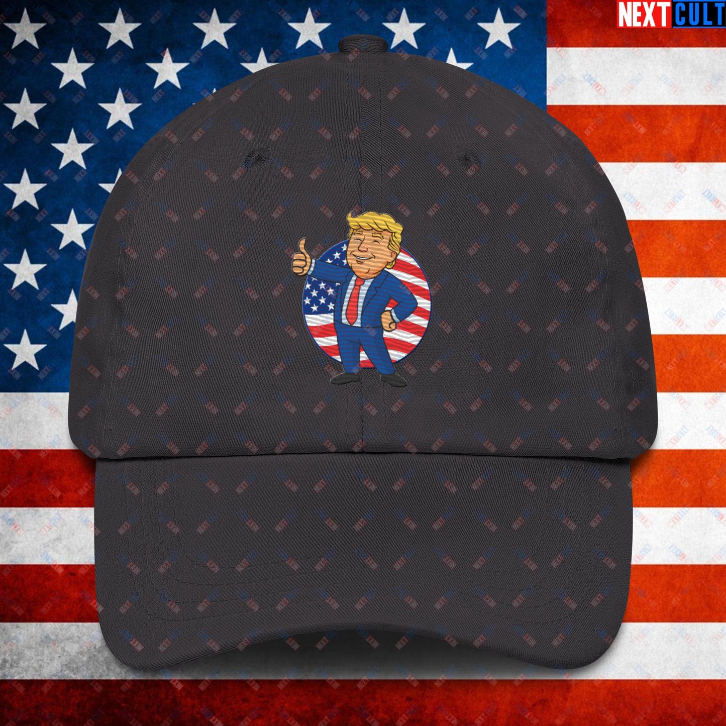 President Boy Donald Trump Politics Vault Boy Fallout Funny Meme Cartoon Mashup Dad hat Dark Grey Hats Donald Trump Fallout Politics Republicans Vault Boy Next Cult Brand