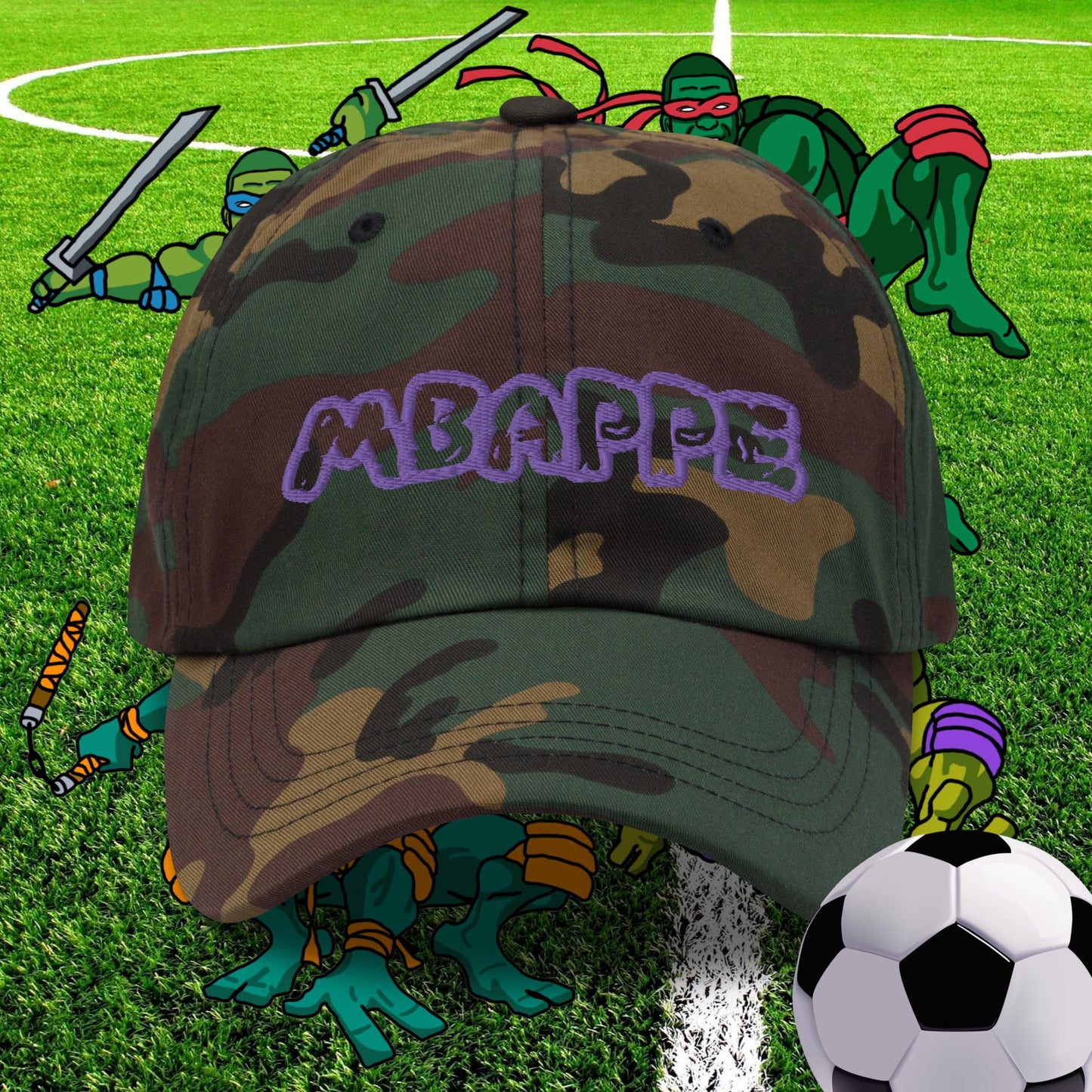 Kylian Mbappe Ninja Turtles Real Madrid Soccer Football Dad hat Green Camo Hats Football Kylian Mbappe PSG Real Madrid Next Cult Brand