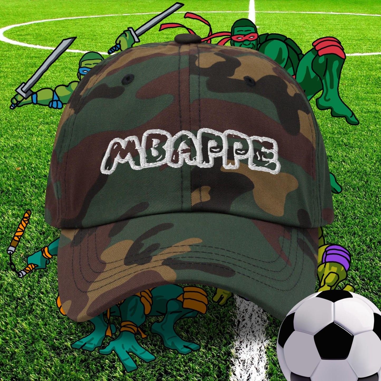 Kylian Mbappe Ninja Turtles Real Madrid Soccer Football Dad hat Green Camo Hats Football Kylian Mbappe PSG Real Madrid Next Cult Brand