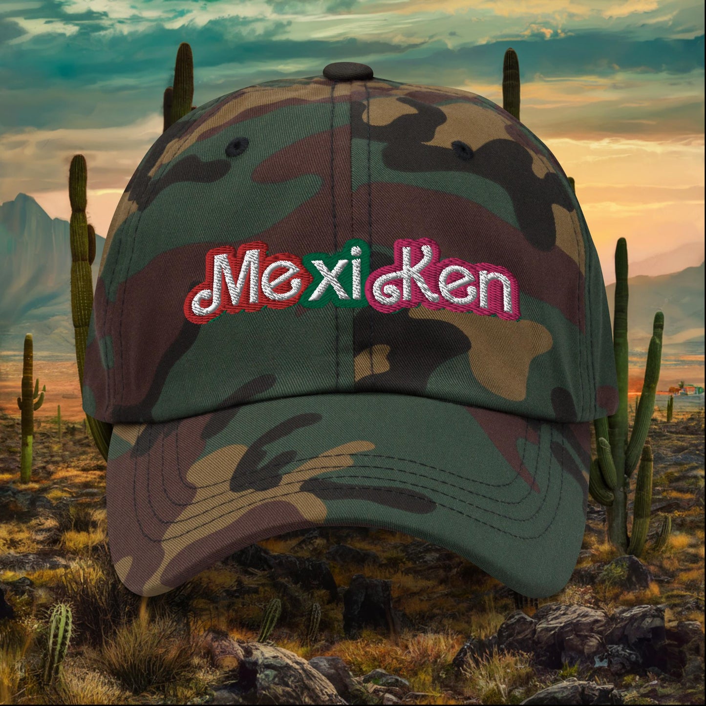 MexiKen Ken Barbie Mexico Mexican Mexicana Latino Latina Latinx Dad hat Green Camo Hats Barbie Ken Mexico Movies Next Cult Brand