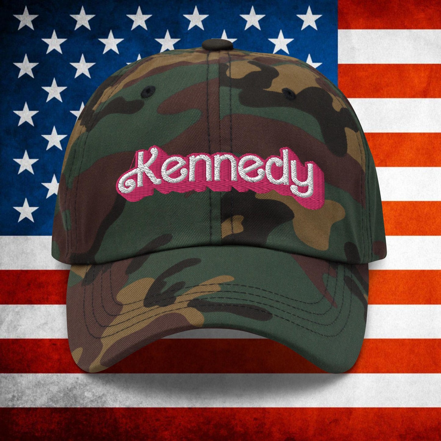 Kennedy JFK Conspiracy Ken Barbie Dad hat Green Camo Hats Barbie Democrats JFK Ken Politics Next Cult Brand