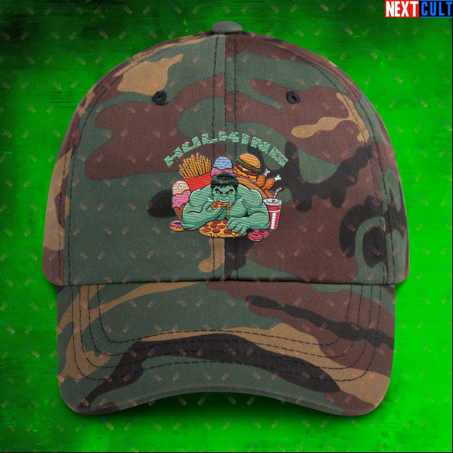 Hulking Bulking Funny Gym Meme Cartoon Dad hat Green Camo Hats Bulking Fast Food Fitness Gym Hulk Movies Workout Next Cult Brand