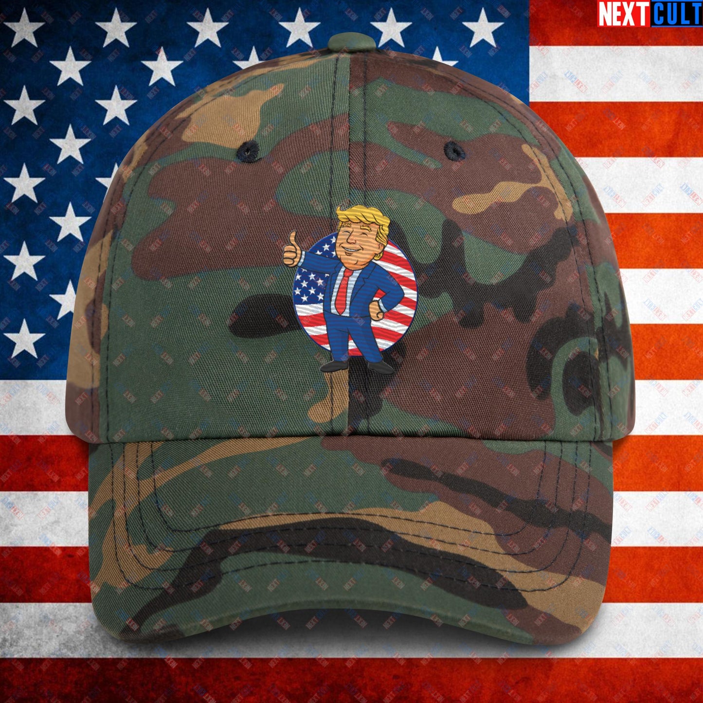 President Boy Donald Trump Politics Vault Boy Fallout Funny Meme Cartoon Mashup Dad hat Green Camo Hats Donald Trump Fallout Politics Republicans Vault Boy Next Cult Brand