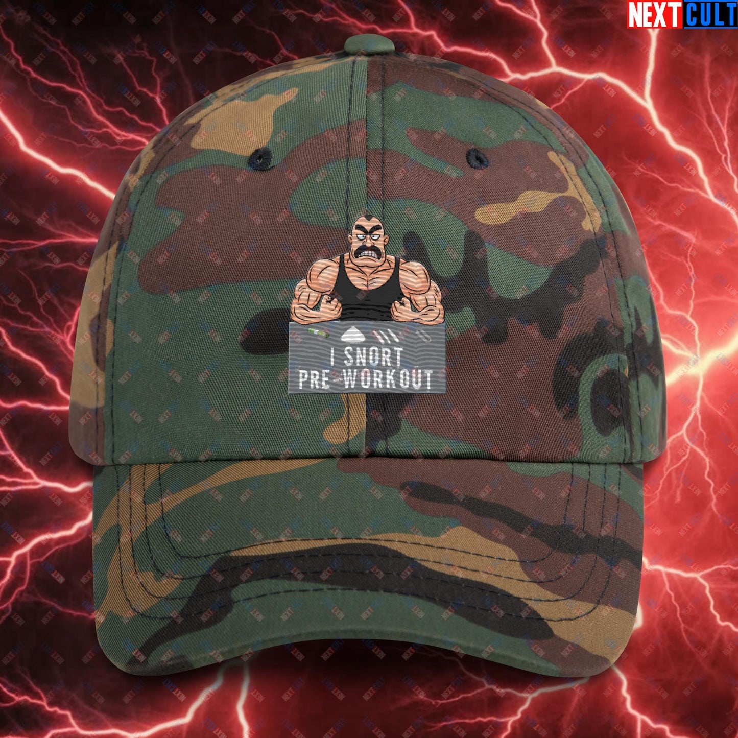 I Snort Pre-workout Gym Bro Fitness Bodybuilding Workout Weightlifting Powerlifting Funny Meme Cartoon Dad hat Green Camo Hats Next Cult Brand