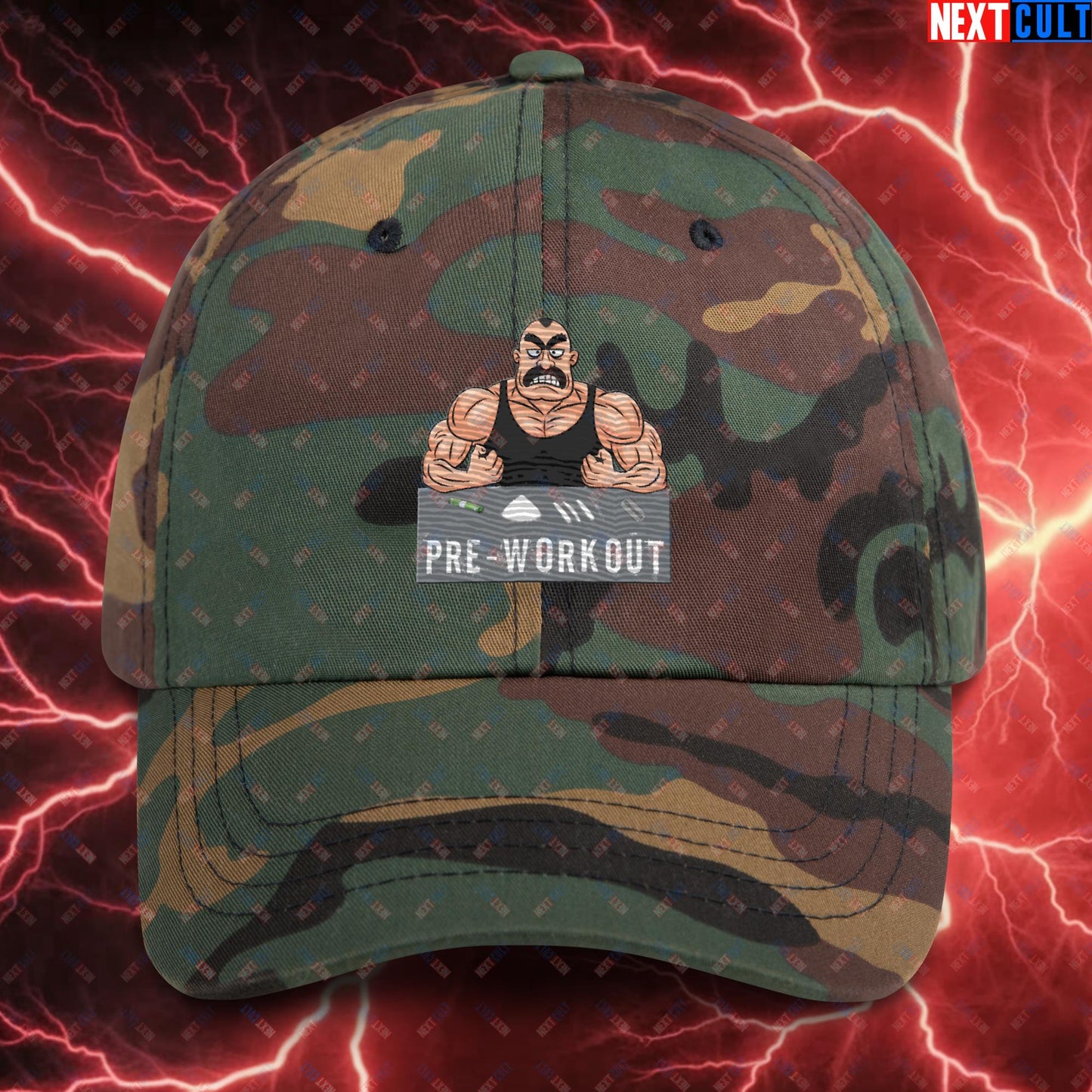 I Love Pre-workout Gym Bro Fitness Bodybuilding Workout Weightlifting Powerlifting Funny Meme Cartoon Dad hat Green Camo Hats Next Cult Brand