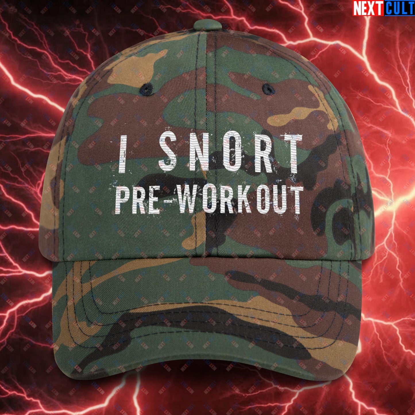 I Snort Pre-workout Gym Bro Fitness Bodybuilding Workout Weightlifting Powerlifting Funny Meme Dad hat Green Camo Hats Fitness Gym Workout Next Cult Brand