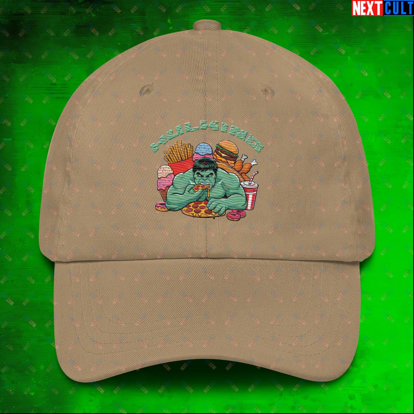 Hulking Bulking Funny Gym Meme Cartoon Dad hat Khaki Hats Bulking Fast Food Fitness Gym Hulk Movies Workout Next Cult Brand