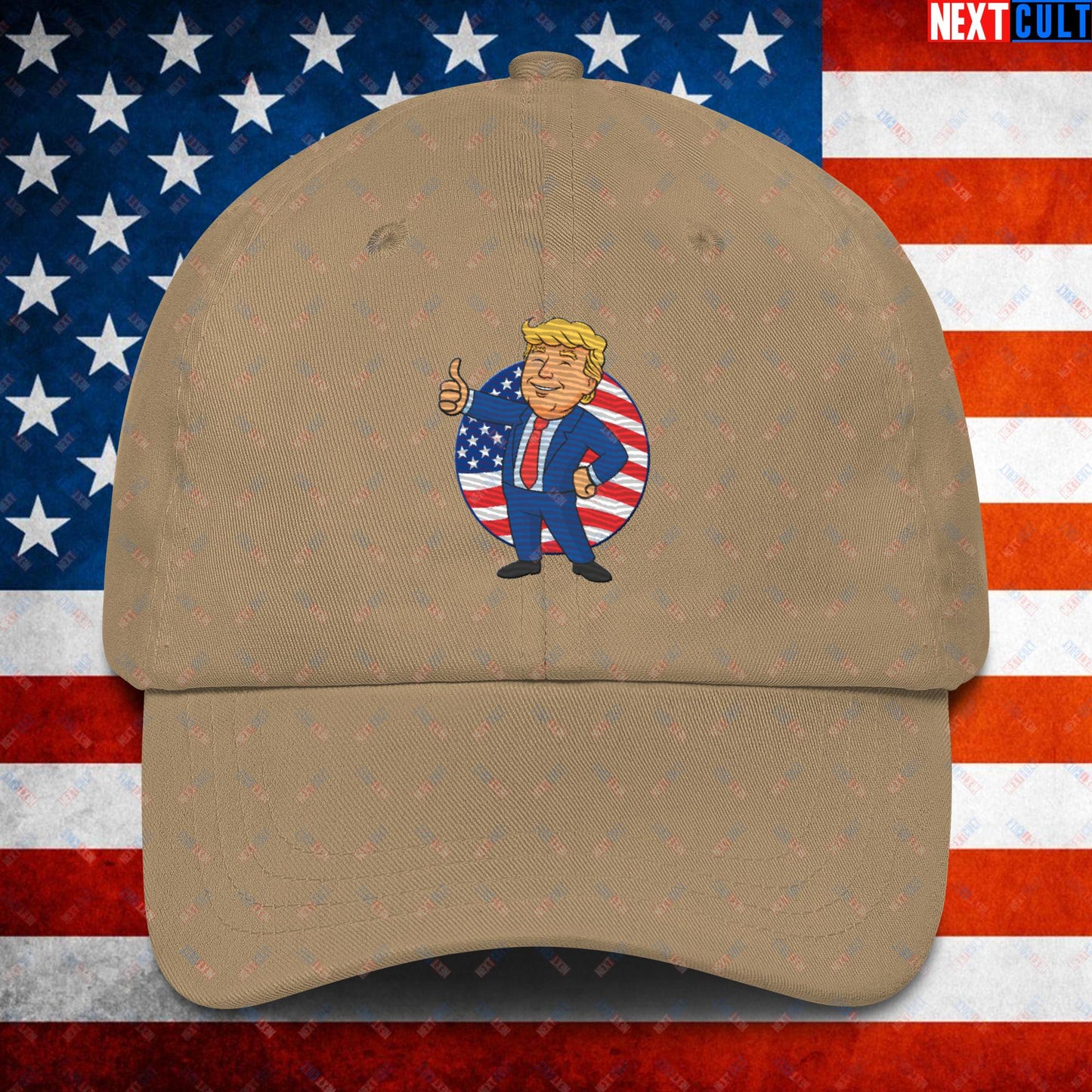 President Boy Donald Trump Politics Vault Boy Fallout Funny Meme Cartoon Mashup Dad hat Khaki Hats Donald Trump Fallout Politics Republicans Vault Boy Next Cult Brand