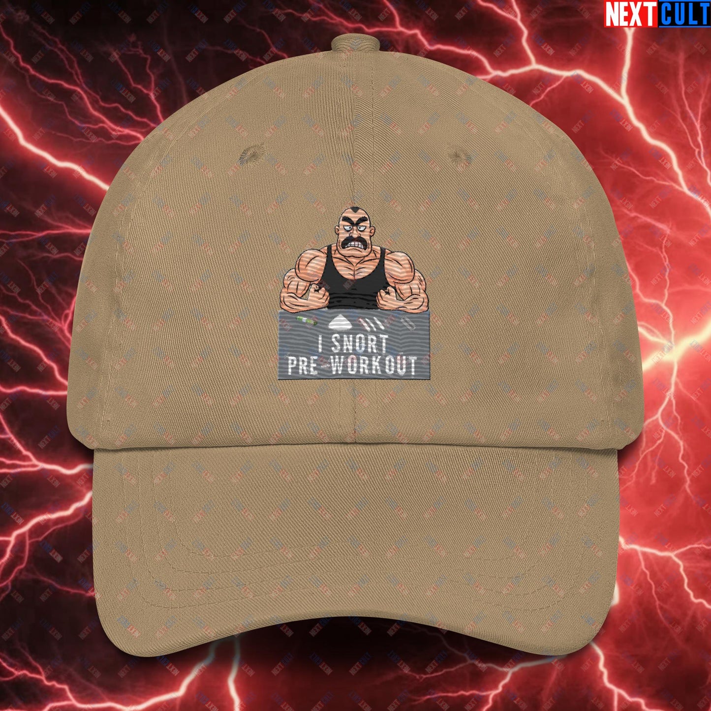 I Snort Pre-workout Gym Bro Fitness Bodybuilding Workout Weightlifting Powerlifting Funny Meme Cartoon Dad hat Khaki Hats Next Cult Brand