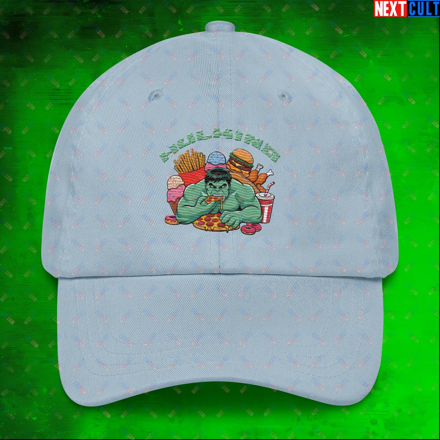 Hulking Bulking Funny Gym Meme Cartoon Dad hat Light Blue Hats Bulking Fast Food Fitness Gym Hulk Movies Workout Next Cult Brand