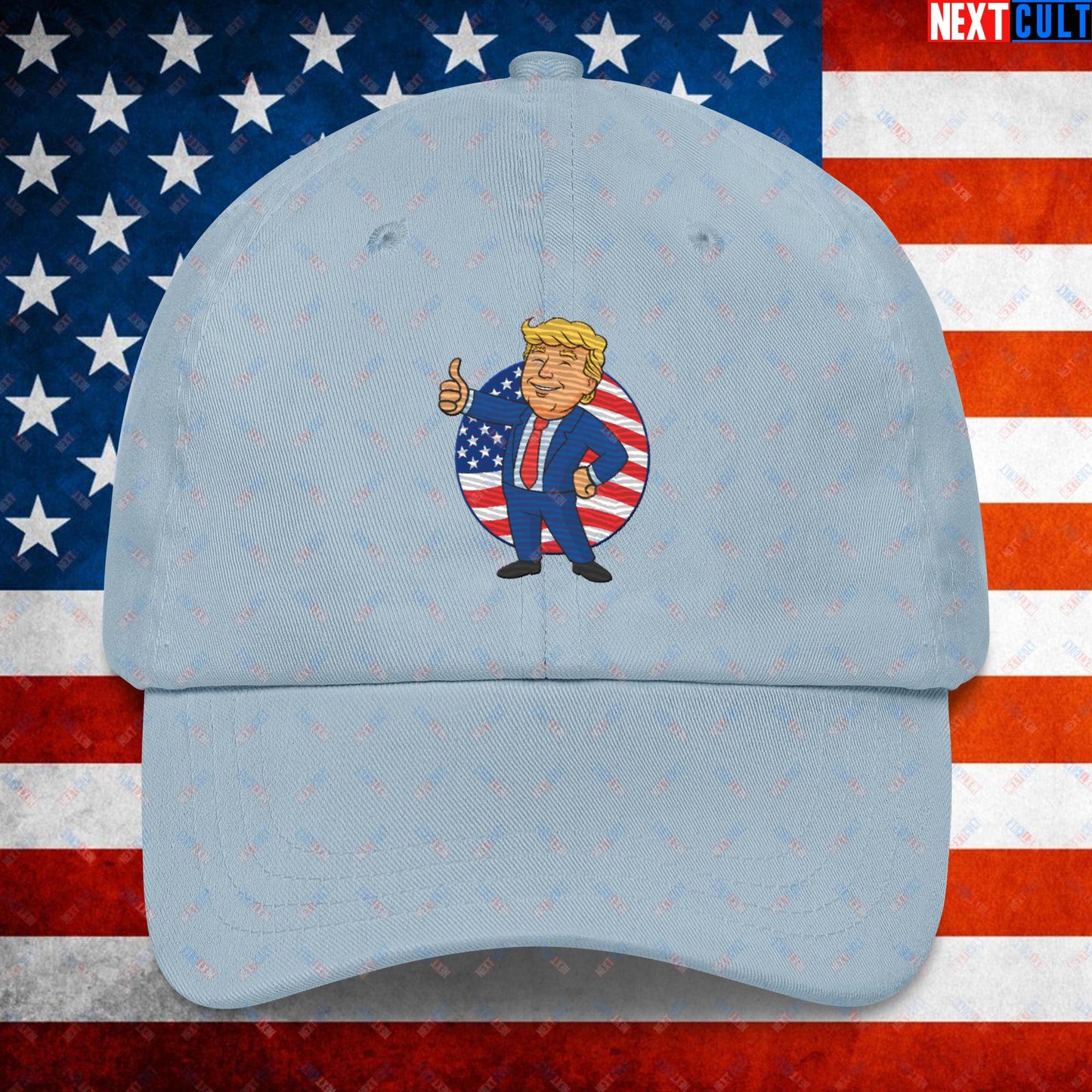 President Boy Donald Trump Politics Vault Boy Fallout Funny Meme Cartoon Mashup Dad hat Light Blue Hats Donald Trump Fallout Politics Republicans Vault Boy Next Cult Brand