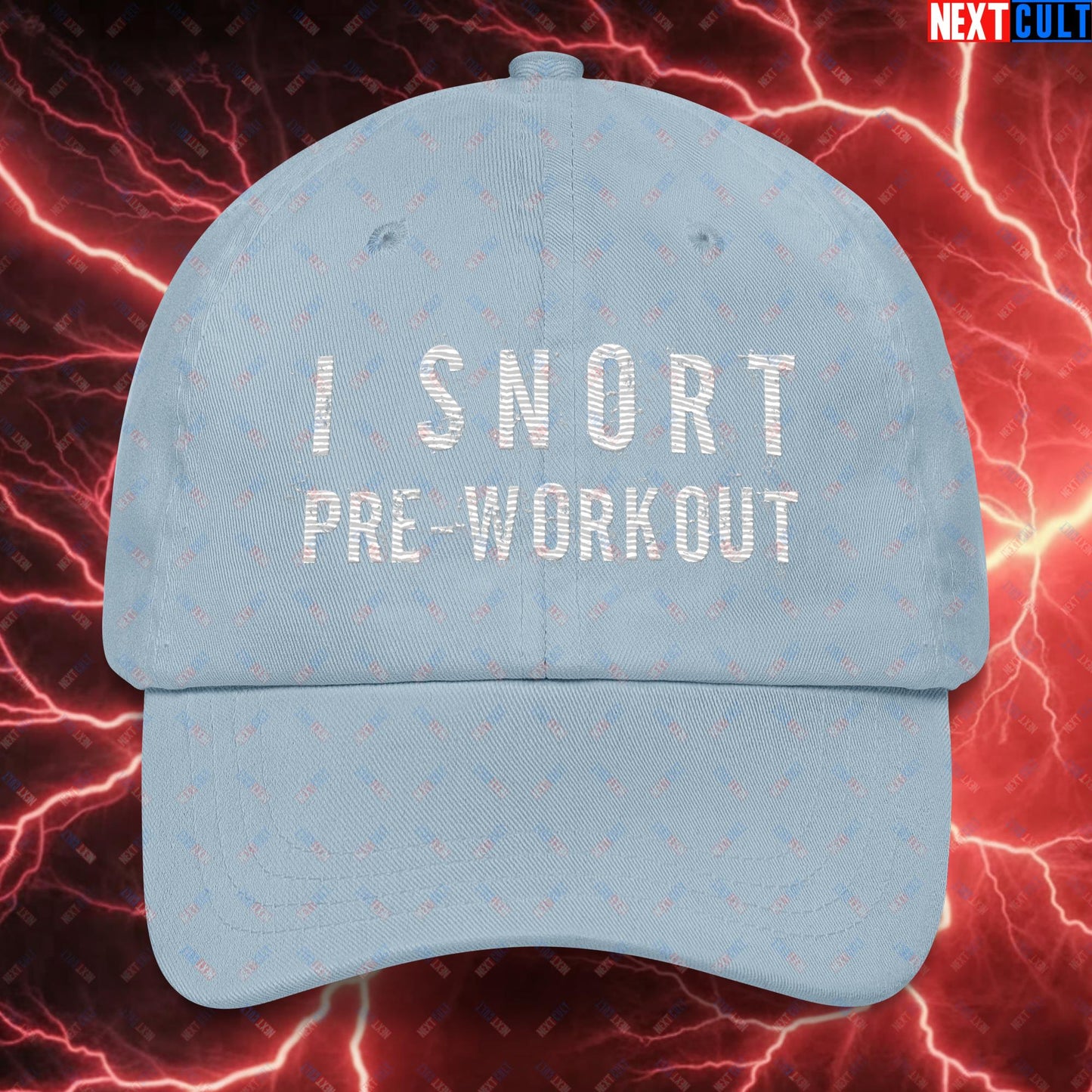 I Snort Pre-workout Gym Bro Fitness Bodybuilding Workout Weightlifting Powerlifting Funny Meme Dad hat Light Blue Hats Next Cult Brand