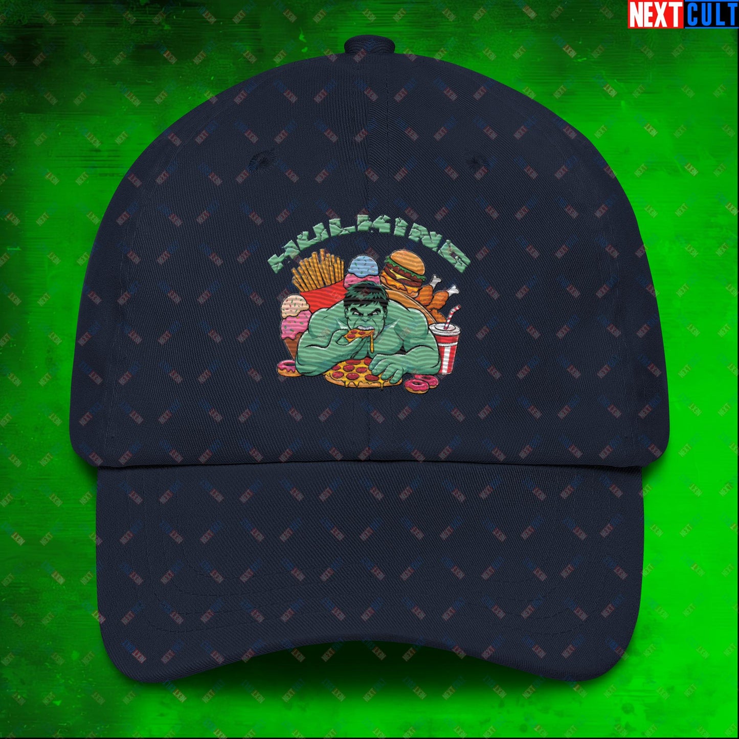 Hulking Bulking Funny Gym Meme Cartoon Dad hat Navy Hats Bulking Fast Food Fitness Gym Hulk Movies Workout Next Cult Brand