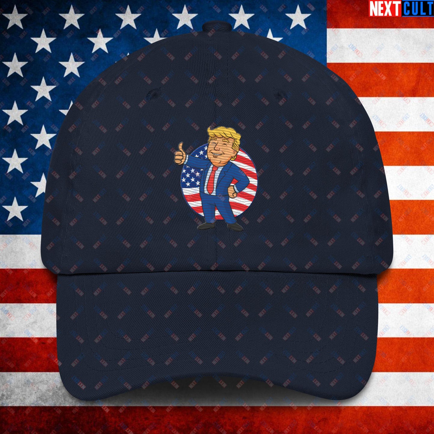 President Boy Donald Trump Politics Vault Boy Fallout Funny Meme Cartoon Mashup Dad hat Navy Hats Donald Trump Fallout Politics Republicans Vault Boy Next Cult Brand