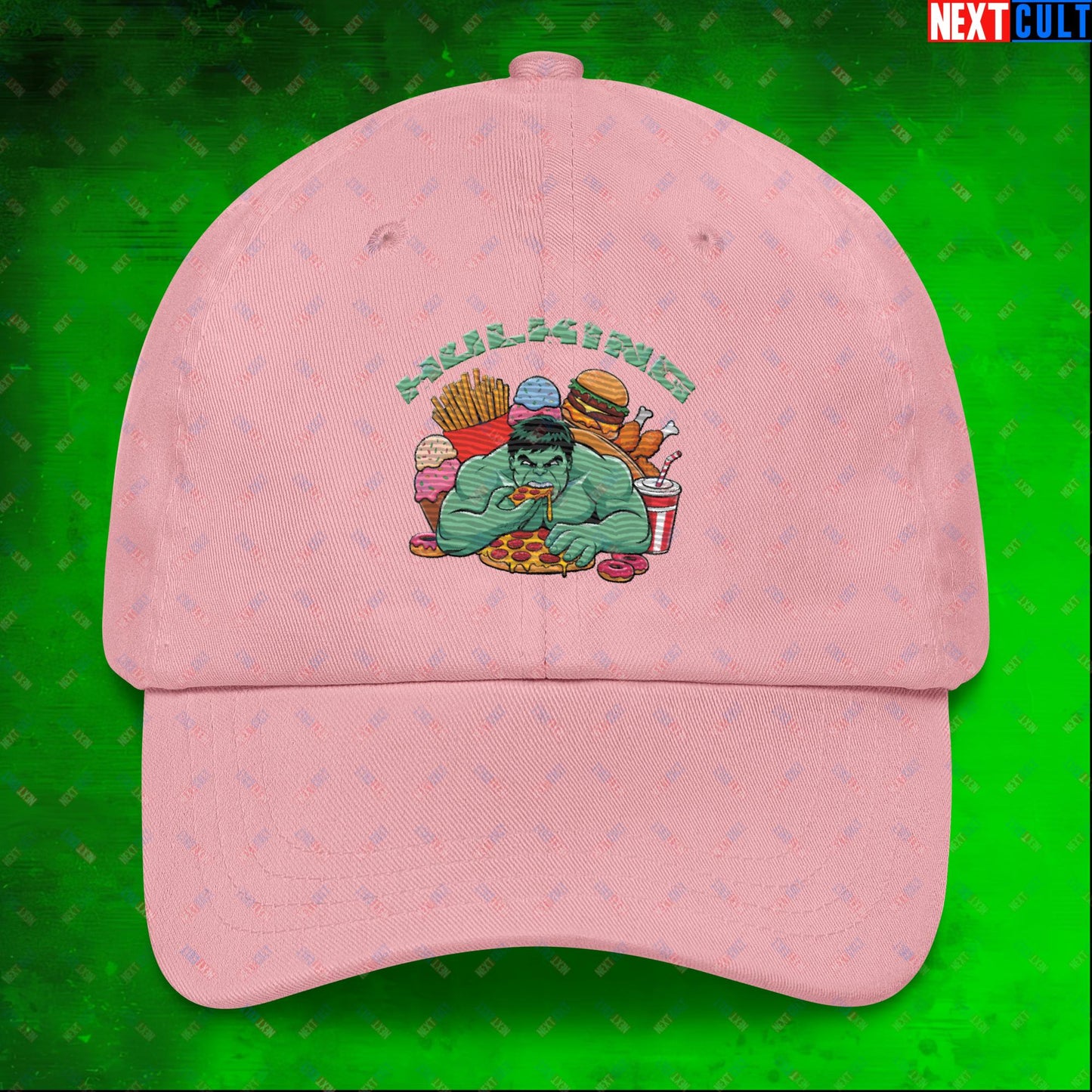 Hulking Bulking Funny Gym Meme Cartoon Dad hat Pink Hats Bulking Fast Food Fitness Gym Hulk Movies Workout Next Cult Brand