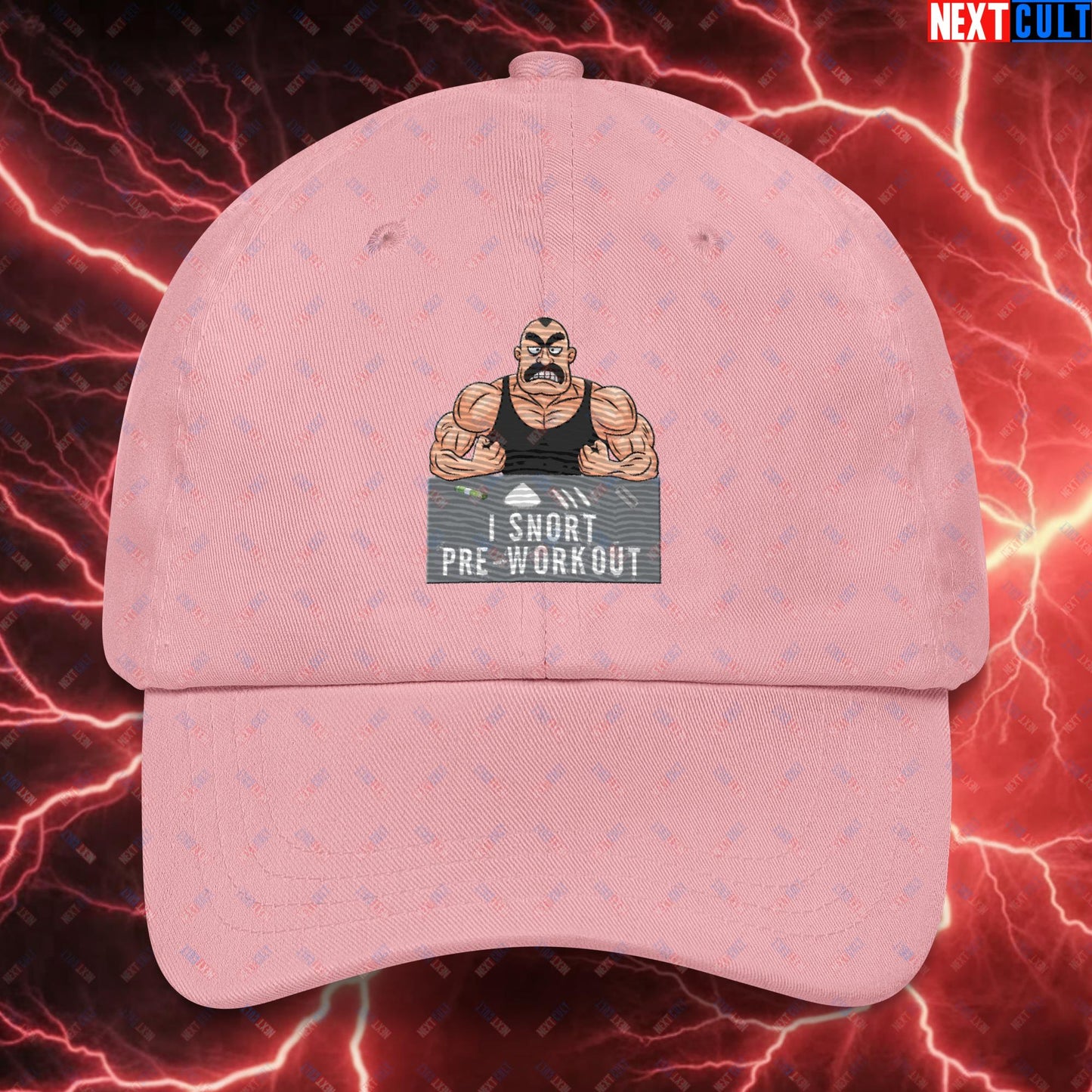 I Snort Pre-workout Gym Bro Fitness Bodybuilding Workout Weightlifting Powerlifting Funny Meme Cartoon Dad hat Pink Hats Next Cult Brand