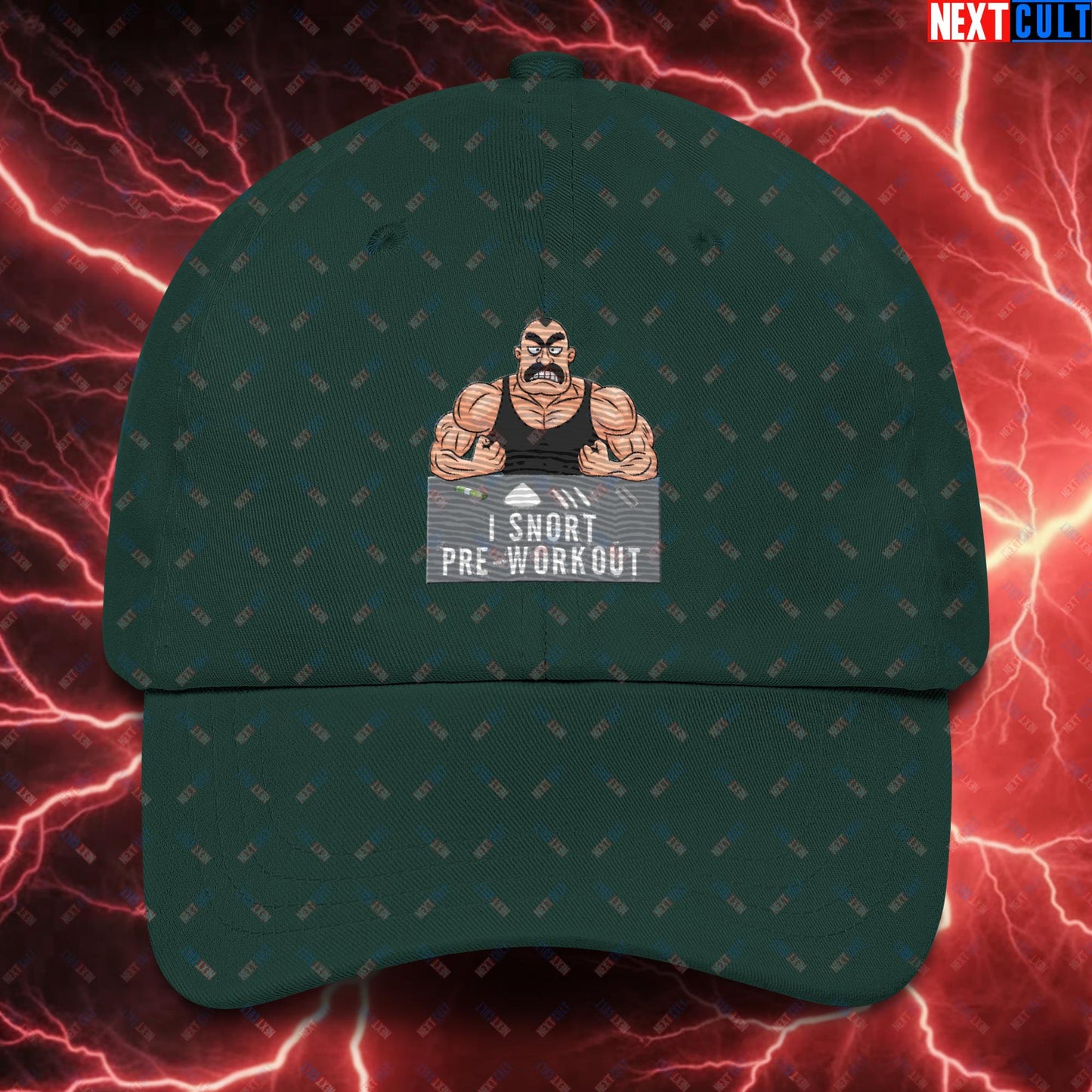 I Snort Pre-workout Gym Bro Fitness Bodybuilding Workout Weightlifting Powerlifting Funny Meme Cartoon Dad hat Spruce Hats Next Cult Brand