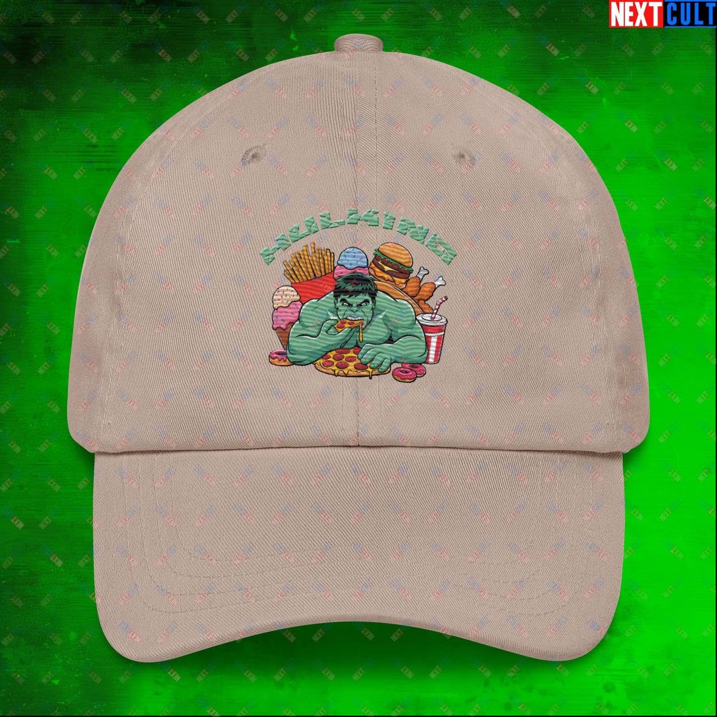 Hulking Bulking Funny Gym Meme Cartoon Dad hat Stone Hats Avengers Bulking Fast Food Hulk Movies Next Cult Brand