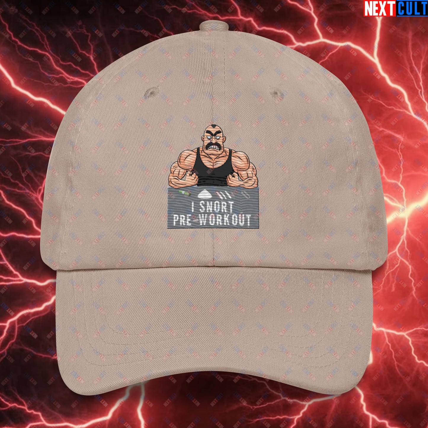 I Snort Pre-workout Gym Bro Fitness Bodybuilding Workout Weightlifting Powerlifting Funny Meme Cartoon Dad hat Stone Hats Next Cult Brand