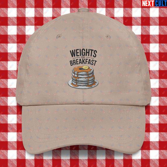 Weights For Breakfast Pancake Weights Funny Gym Workout Fitness Lifting Meme Cartoon Dad hat Stone Hats Bulking Next Cult Brand