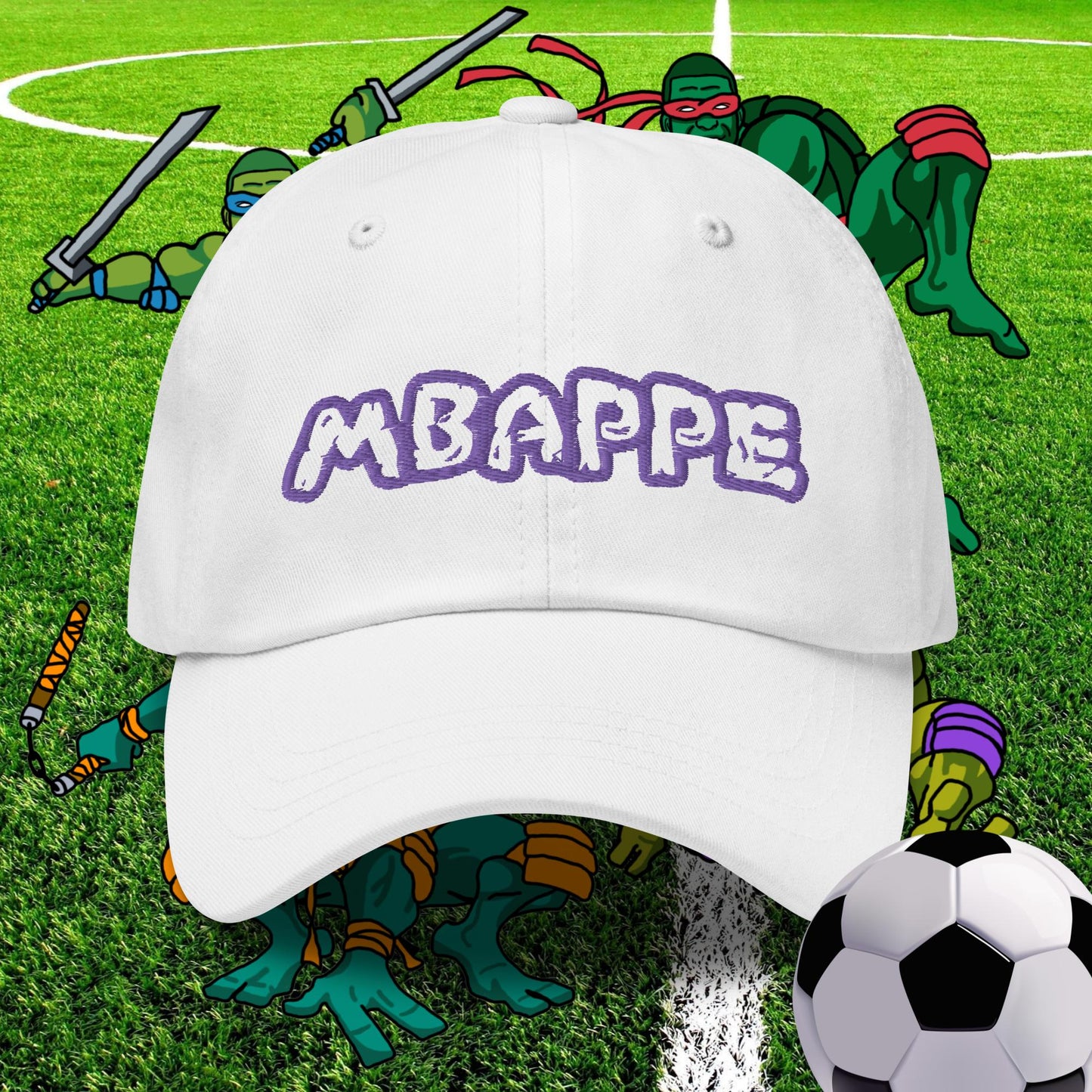 Kylian Mbappe Ninja Turtles Real Madrid Soccer Football Dad hat White Hats Football Kylian Mbappe PSG Real Madrid Next Cult Brand